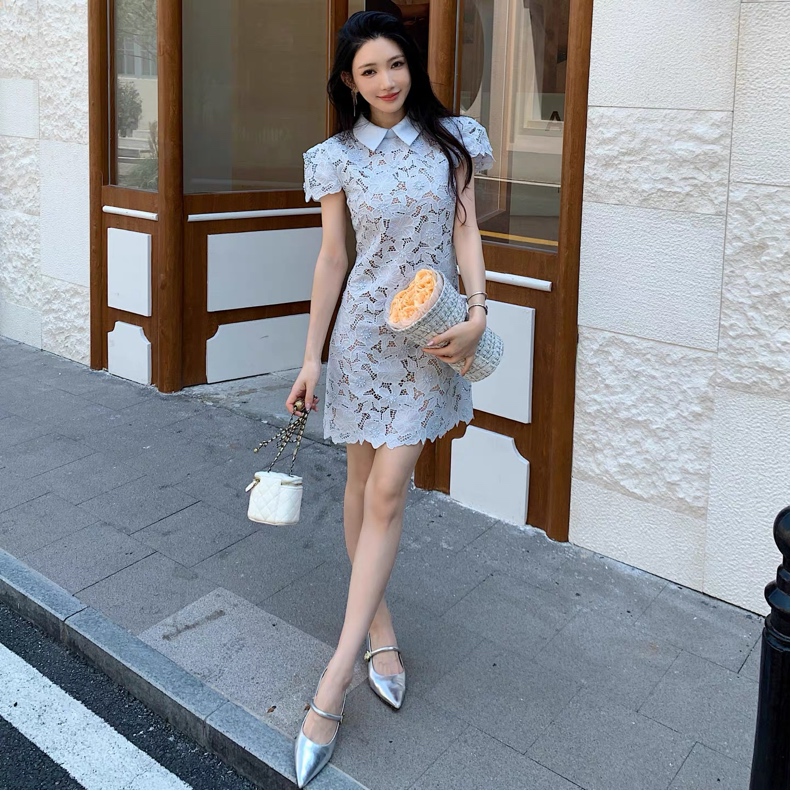 NO:627961,Self-Portrait new season series, synchronized with the official website, original one-to-one high-end customization, retro socialite, small fragrant lapel, short sleeves, high waist, light blue laser flower embroidery, short dress, four sizes in one color, SML19860909Self-Portrait 新一季系列 官网同步 原版一比一高端定制 复古名媛 小香风翻领短袖高腰浅蓝色激光花朵刺绣 短款小洋装连衣裙 一色四码SMLXL（S胸围84CM内合适 腰围76CM 裙长85CM以此类推,,skirts,T-shirt,alexander wang,Women's clothing