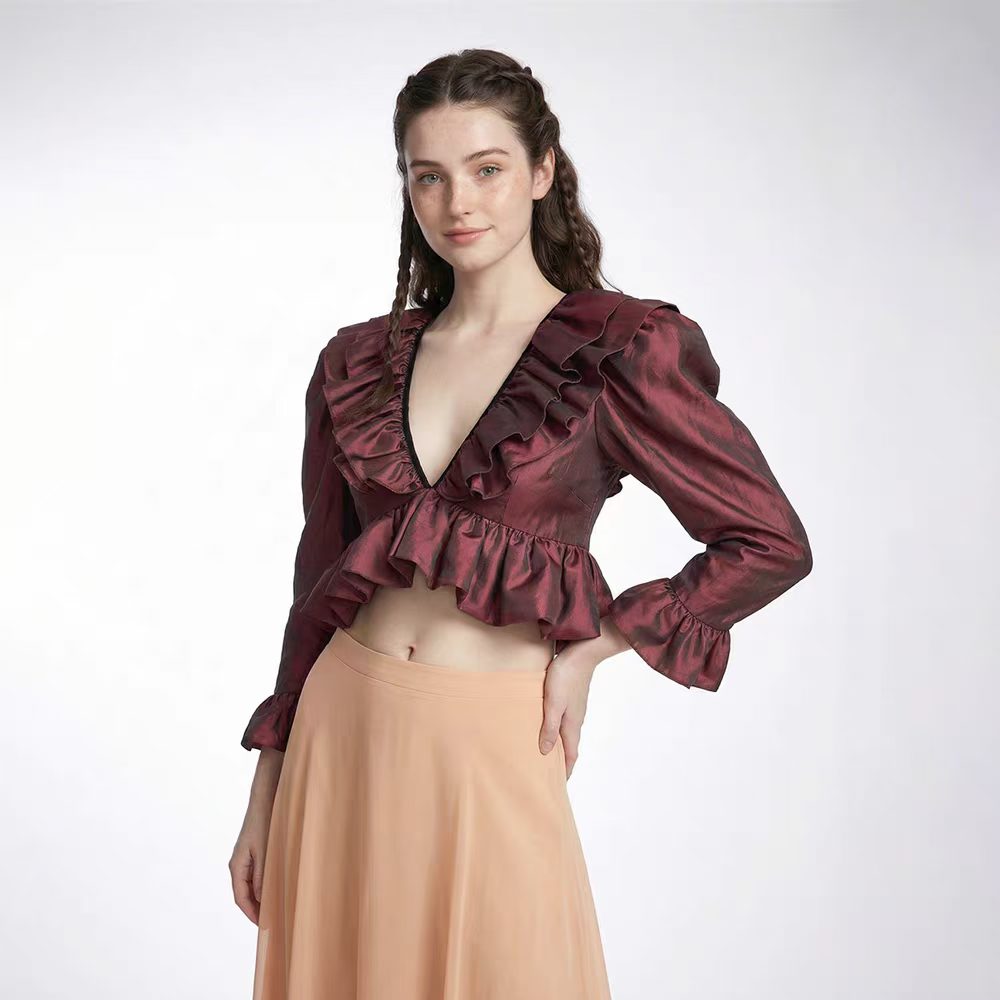 NO:748973,2026 Yi Mengling new early spring V-neck ruffled short puff-sleeved shirt top, one color and three sizes SML (S bust 86CM, shoulder width 33CM, length 44CM, sleeve length 56CM and so on) A,,shirts,198609092026易梦玲 早春新款 V领荷叶边 拼接短款泡泡袖衬衫上衣 一色三码SML（S胸围86CM 肩宽33CM 衣长44CM 袖长56CM 以此类推）A,,shirts,,Women's clothing