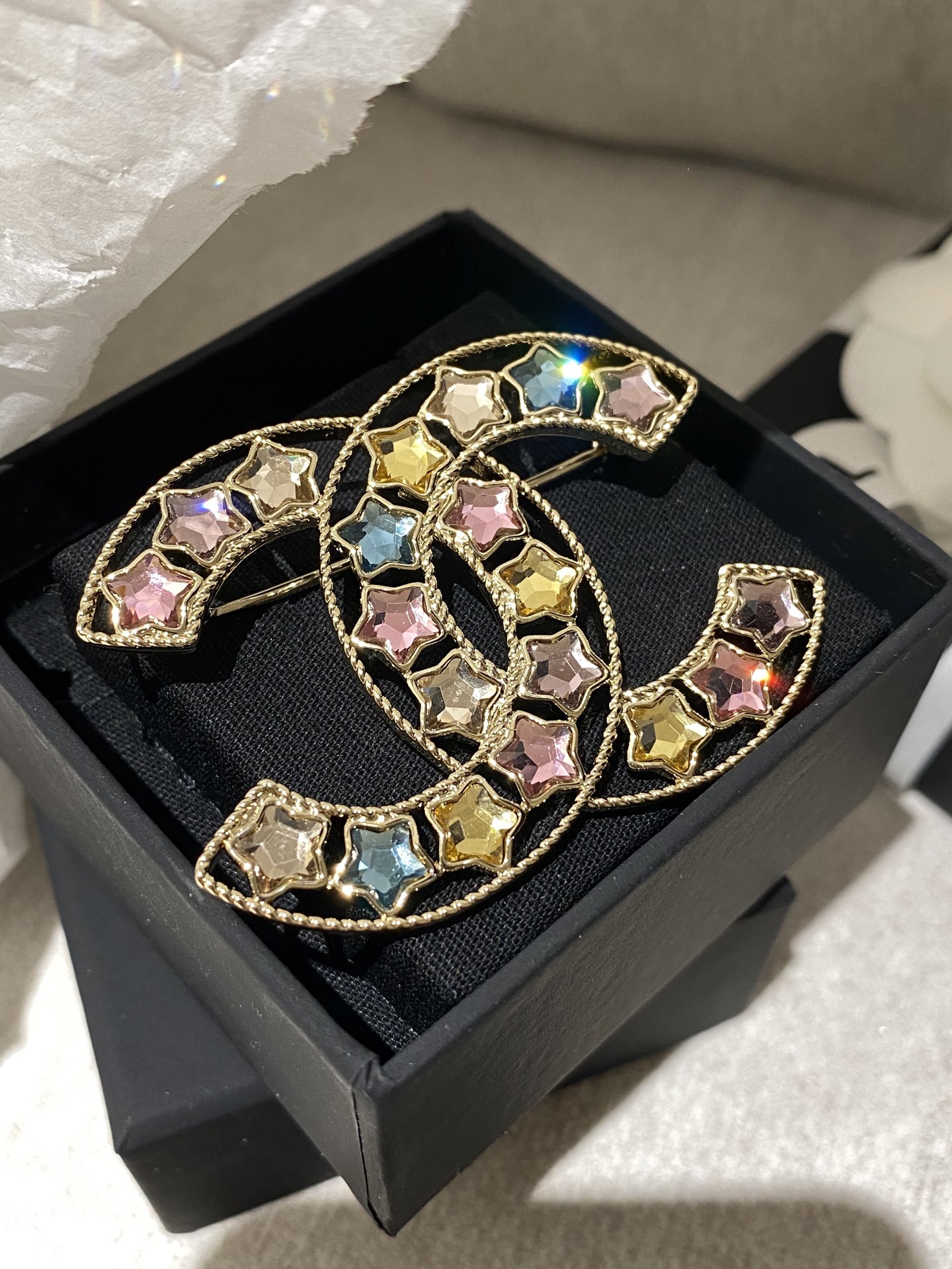 NO:104500,Ch@nel25P Colored Stars Double C Brooch, Chanel Brooch, Chanel, Brooch, breastpin19860909Ch@nel25P 彩色星星 双C 胸针,香奈儿胸针,chanel,brooch，breastpin,Jewelry