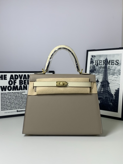 Kelly 25 Inspired Two-Tone Leather Satchel Top Handle Bag