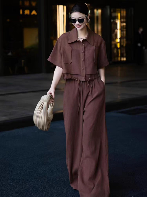 Elegant Linen Two-Piece Set with Drawstring Waist - Red-Brown, Sizes S-XL 1 Elegant Linen Two-Piece Set with Drawstring Waist - Red-Brown, Sizes S-XL