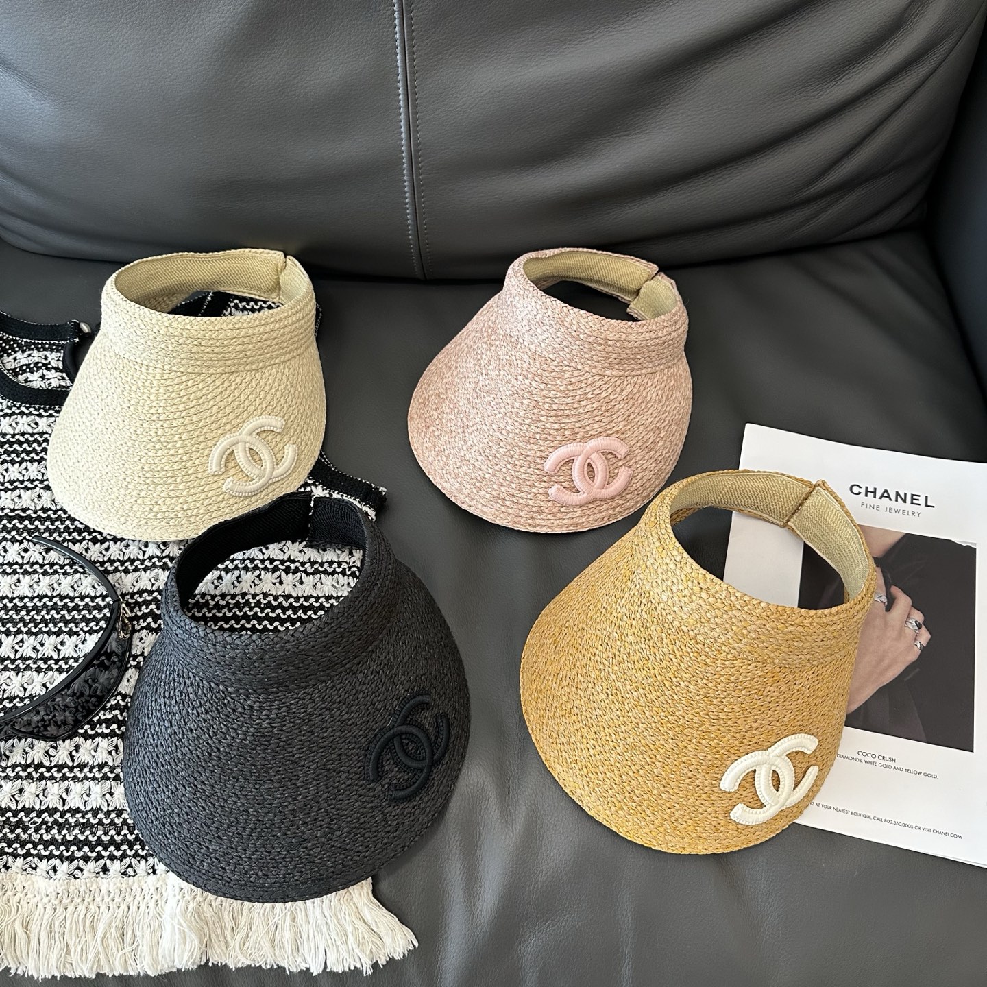 Sombrero de paja de verano para adultos Chanel, 4 colores en stock