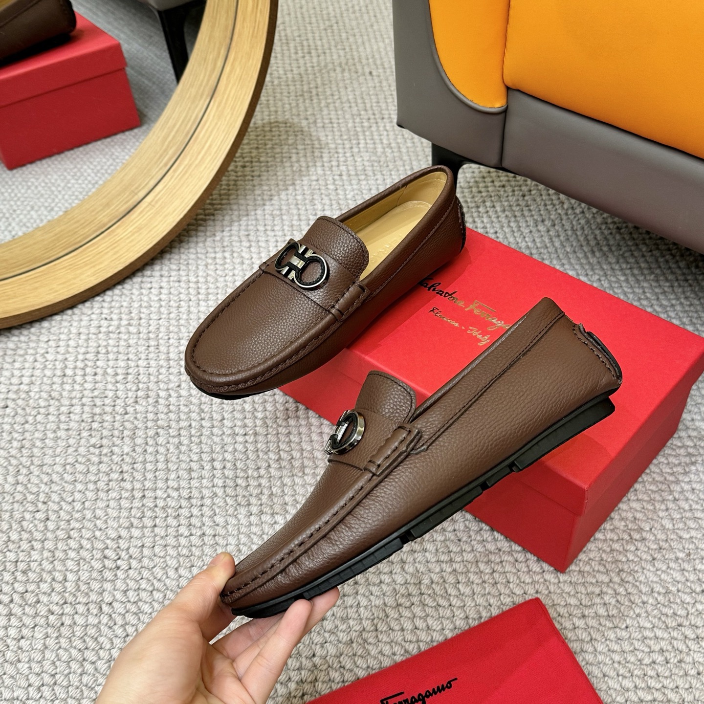 Salvatore Ferragamo Men's Leather Loafers with Iconic Buckle - Brown 5 i1743699702273 9366 0 3