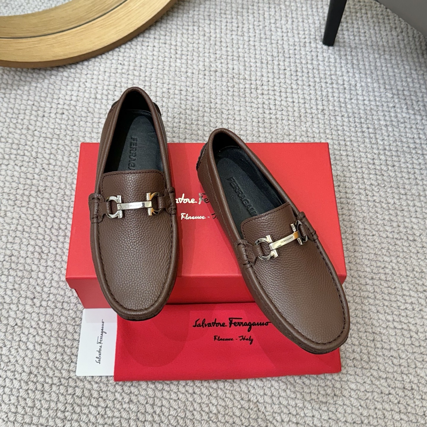 Salvatore Ferragamo Men's Brown Leather Loafers with Signature Buckle 1 Salvatore Ferragamo Men's Brown Leather Loafers with Signature Buckle