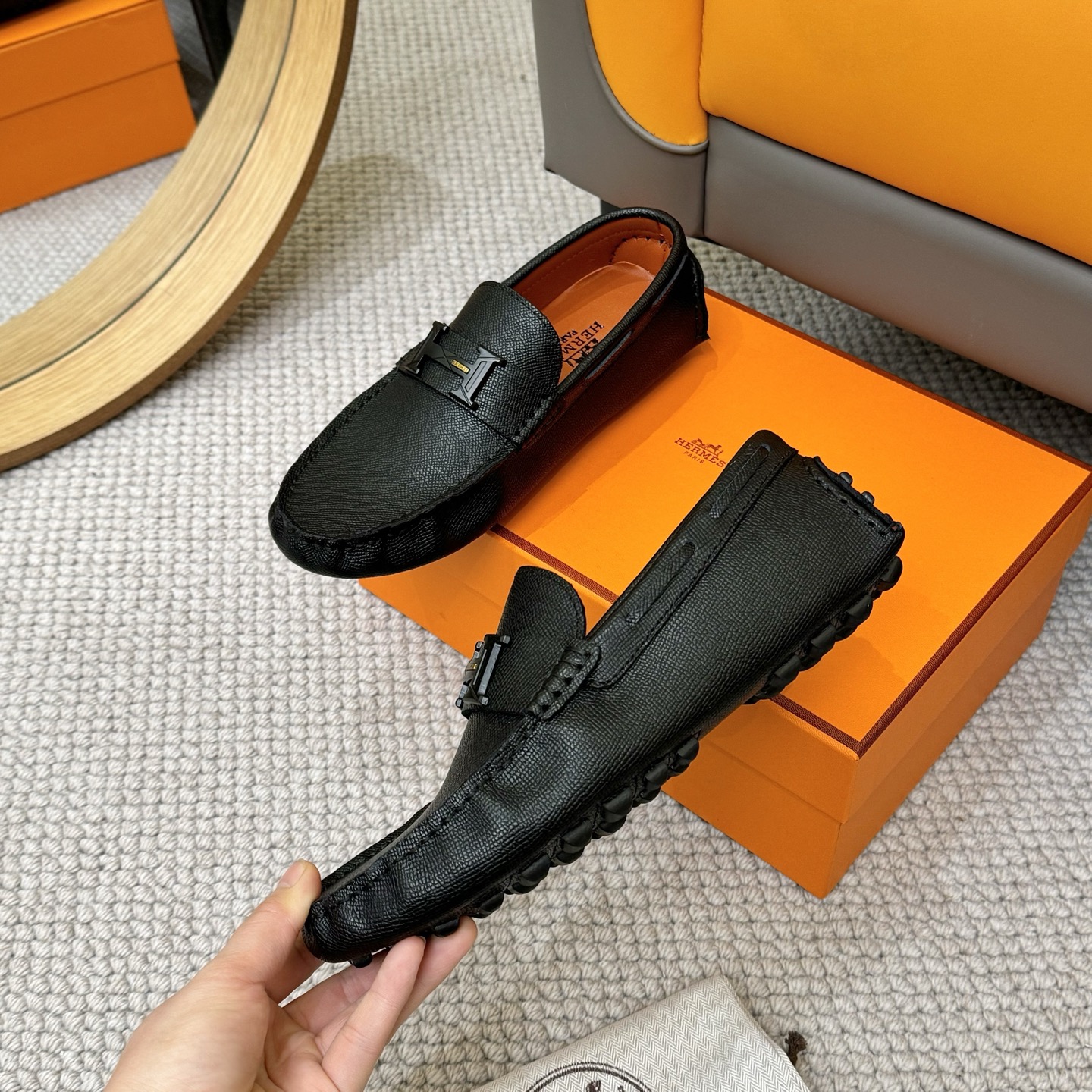 Hermes Men's Black Leather Loafers with Sheepskin Lining, Sizes 38-46 5 i1743700490066 4233 0 3