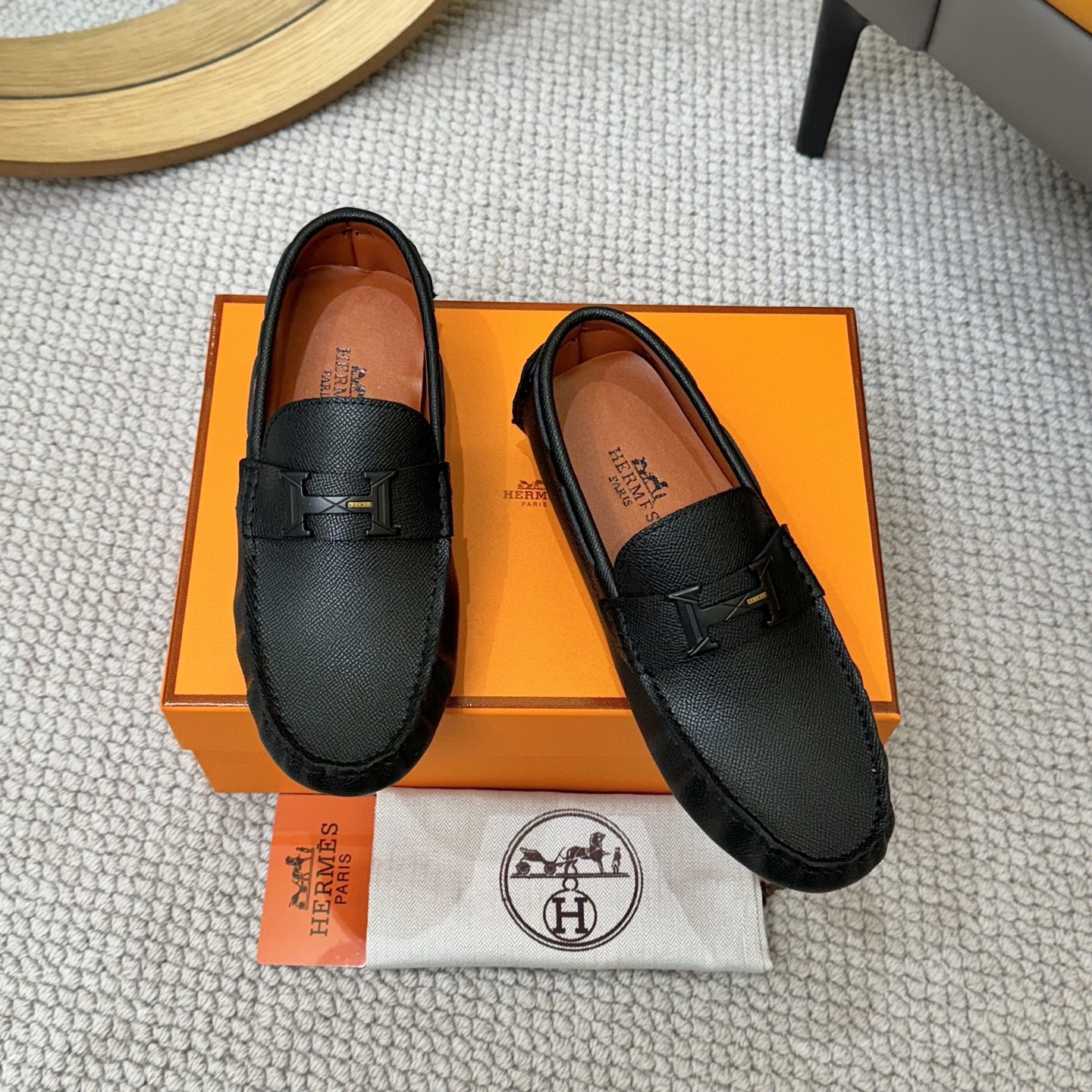 Hermes Men's Black Leather Loafers with Sheepskin Lining, Sizes 38-46 2 i1743700490096 5428 0 0