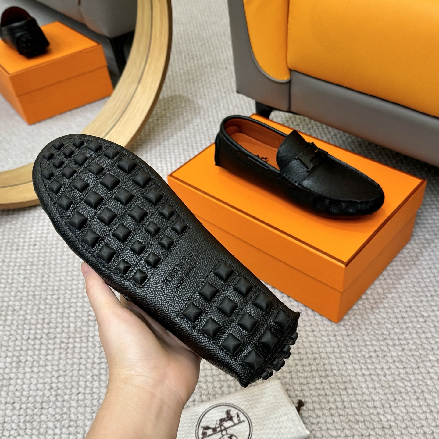 Hermes Men's Black Leather Loafers with Sheepskin Lining, Sizes 38-46 8 i1743700490128 6852 0 6