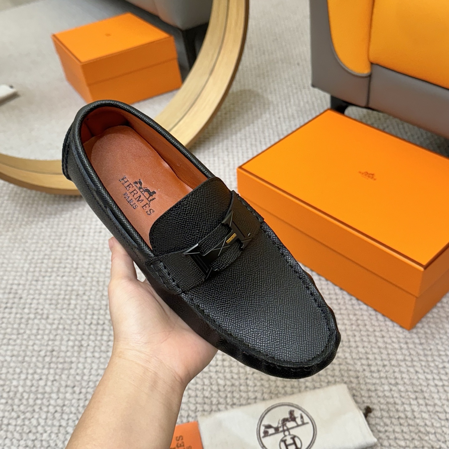 Hermes Men's Black Leather Loafers with Sheepskin Lining, Sizes 38-46 6 i1743700491414 3144 0 4