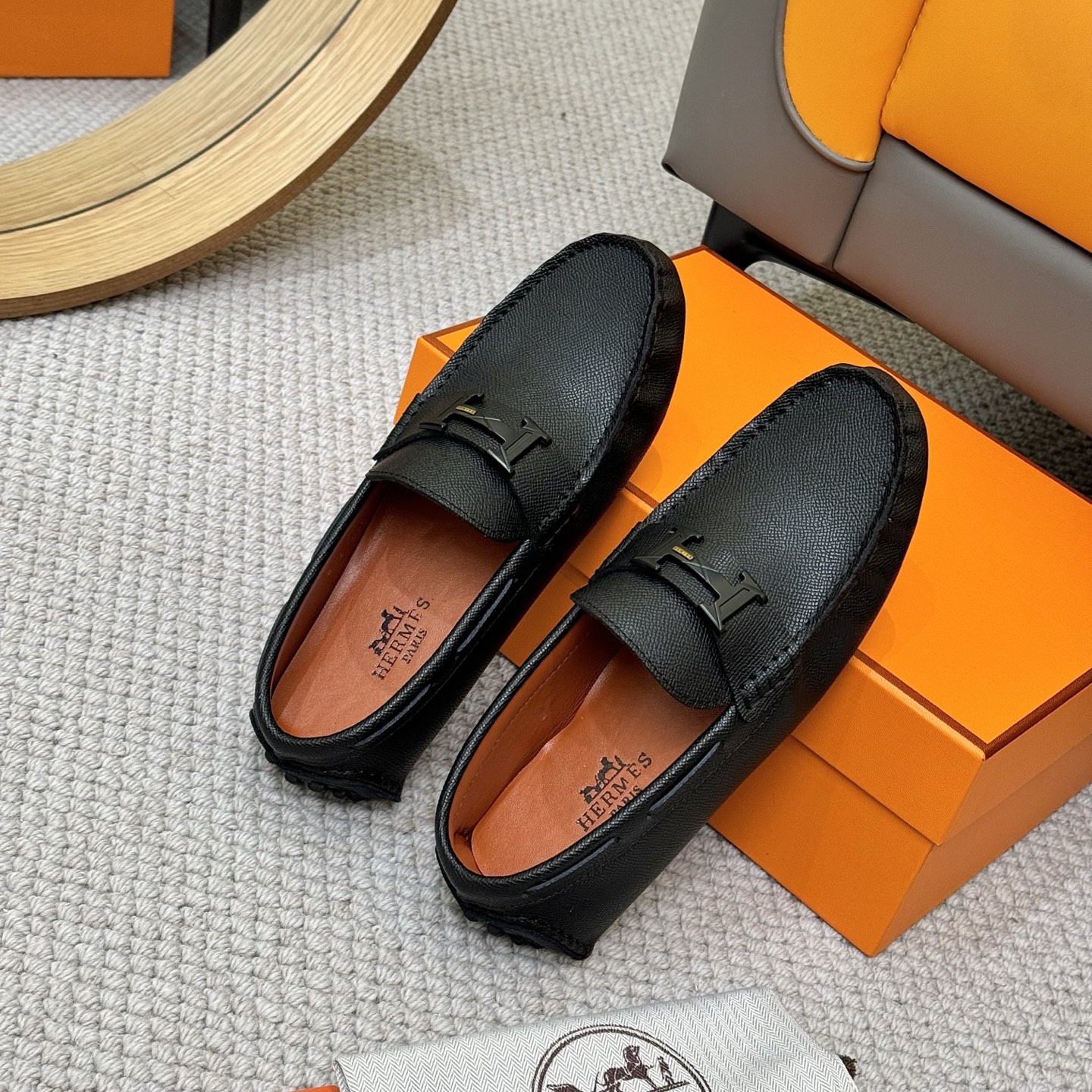 Hermes Men's Black Leather Loafers with Sheepskin Lining, Sizes 38-46 9 i1743700491468 8699 0 7