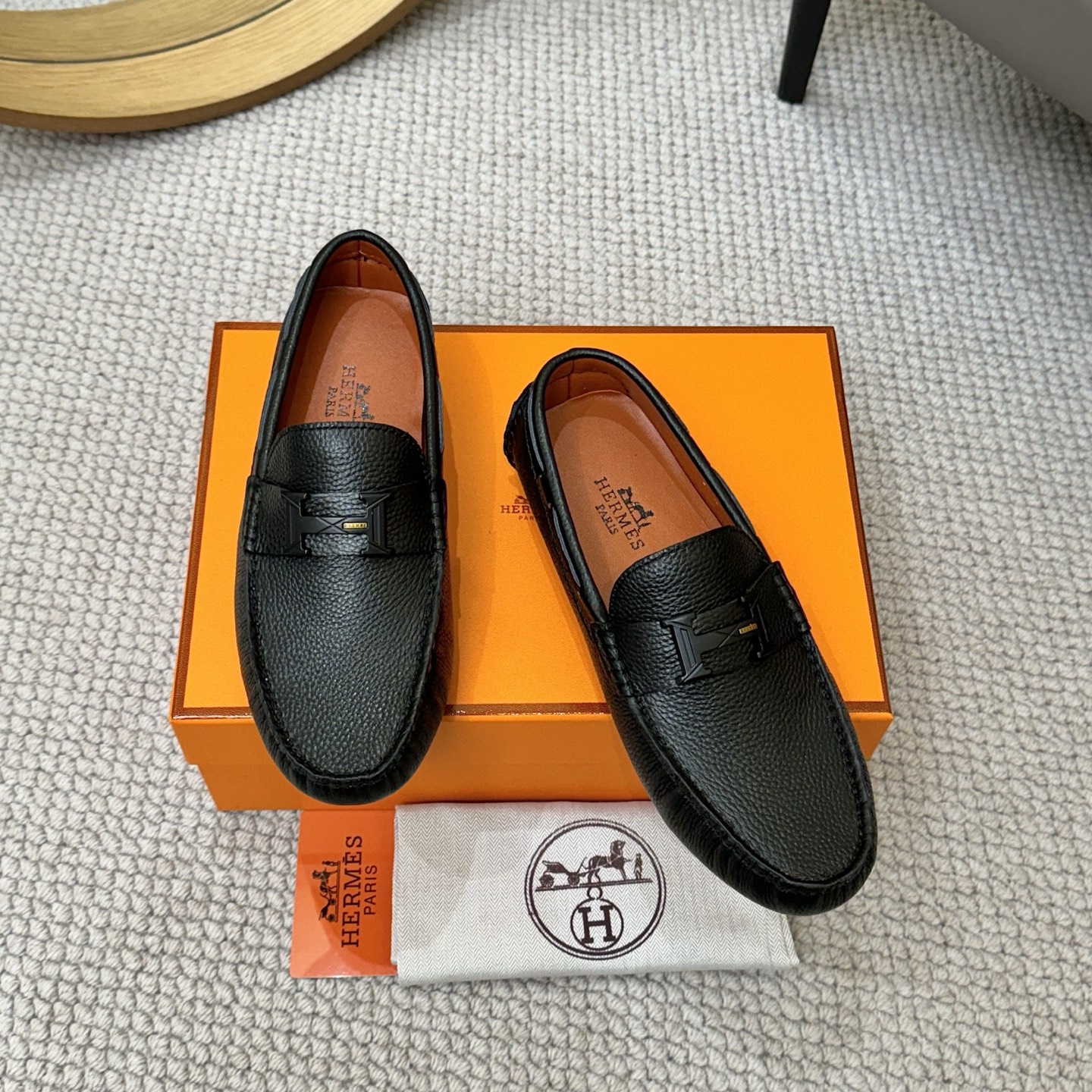 Hermes Men's Black Leather Loafers with Sheepskin Lining, Sizes 38-46 2 i1743700534240 4018 0 0