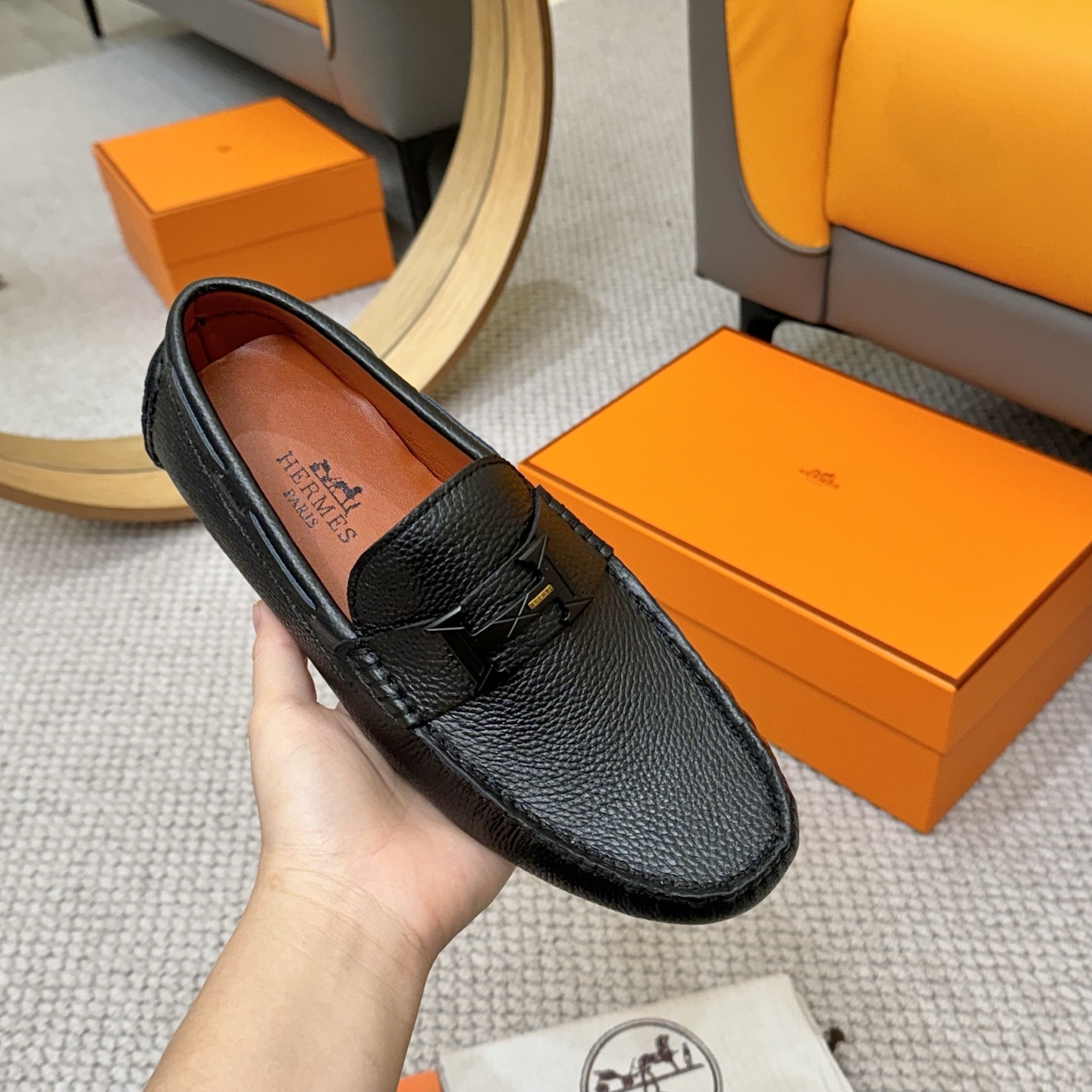 Hermes Men's Black Leather Loafers with Sheepskin Lining, Sizes 38-46 6 i1743700534248 8405 0 4