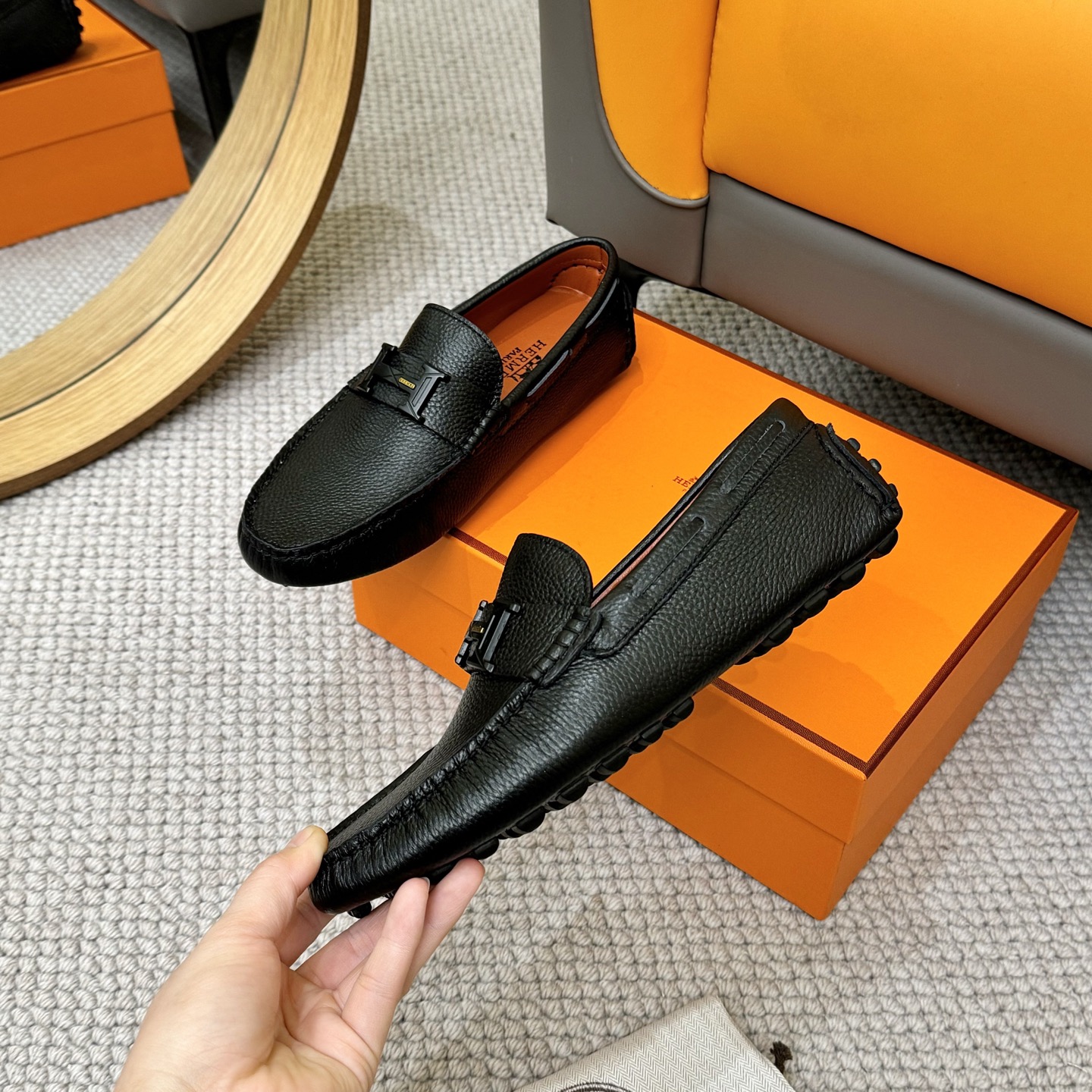 Hermes Men's Black Leather Loafers with Sheepskin Lining, Sizes 38-46 5 i1743700534262 5189 0 3
