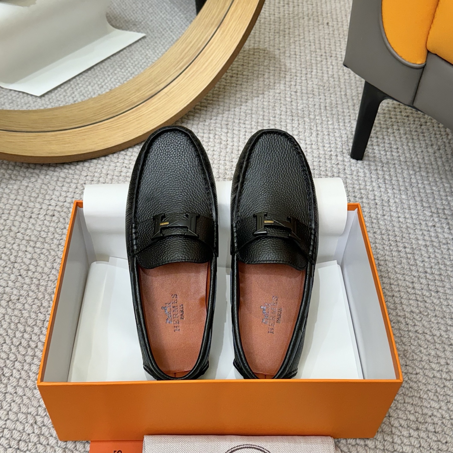 Hermes Men's Black Leather Loafers with Sheepskin Lining, Sizes 38-46 3 i1743700535025 9757 0 1
