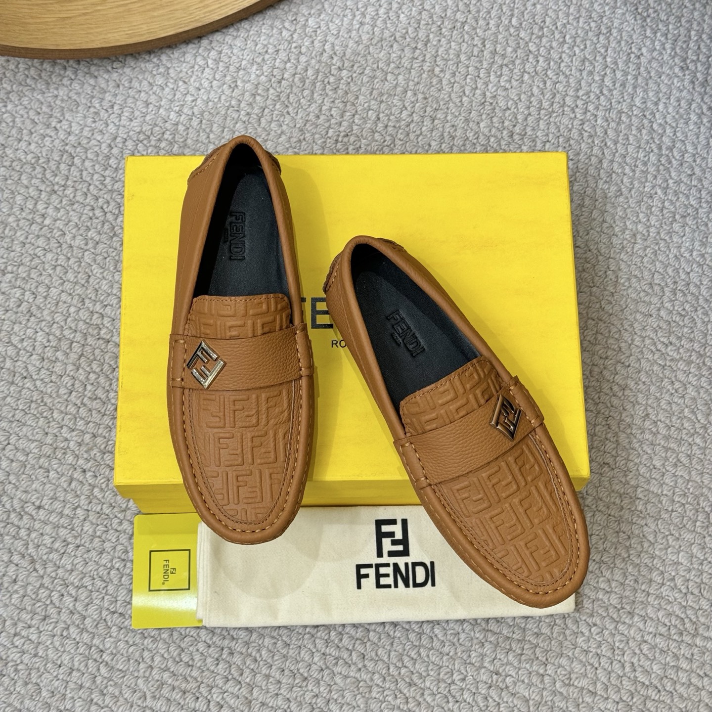 Fendi Men's Brown Leather Loafers with Iconic FF Pattern | Slip-On Style