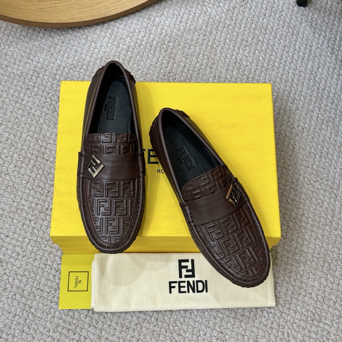 Fendi Men's Brown Leather Loafers with Embossed Logo - Slip-on Style