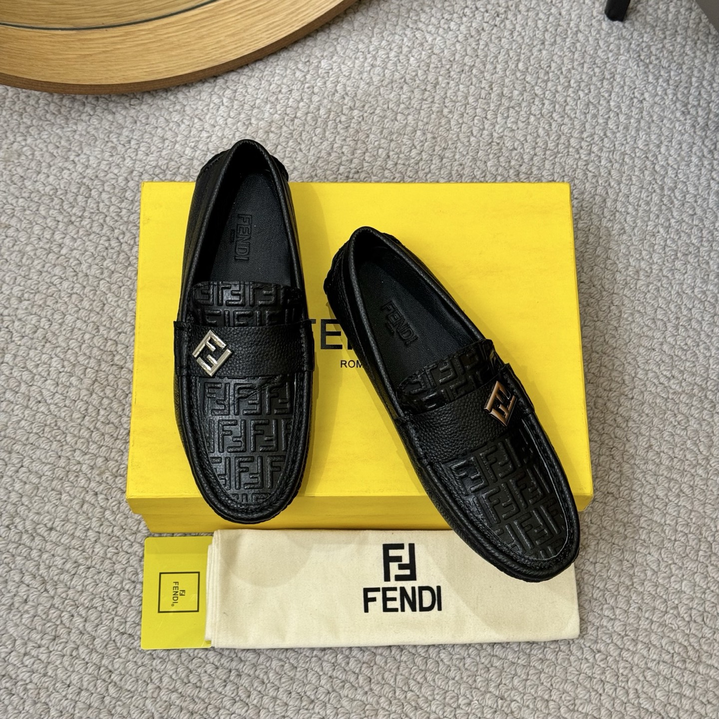 Fendi Men's Black Leather Loafers with FF Motif and Metal Logo Accent