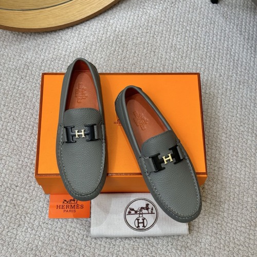 Hermes Men's Grey Leather Loafers with 'H' Buckle - Italian Craftsmanship