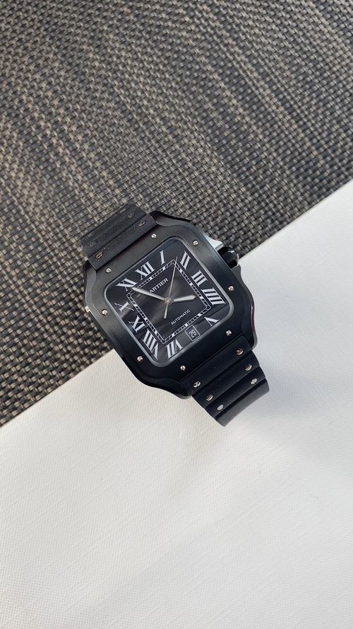 Cartier Santos Black Automatic Watch with Date Display and Rubber Strap
