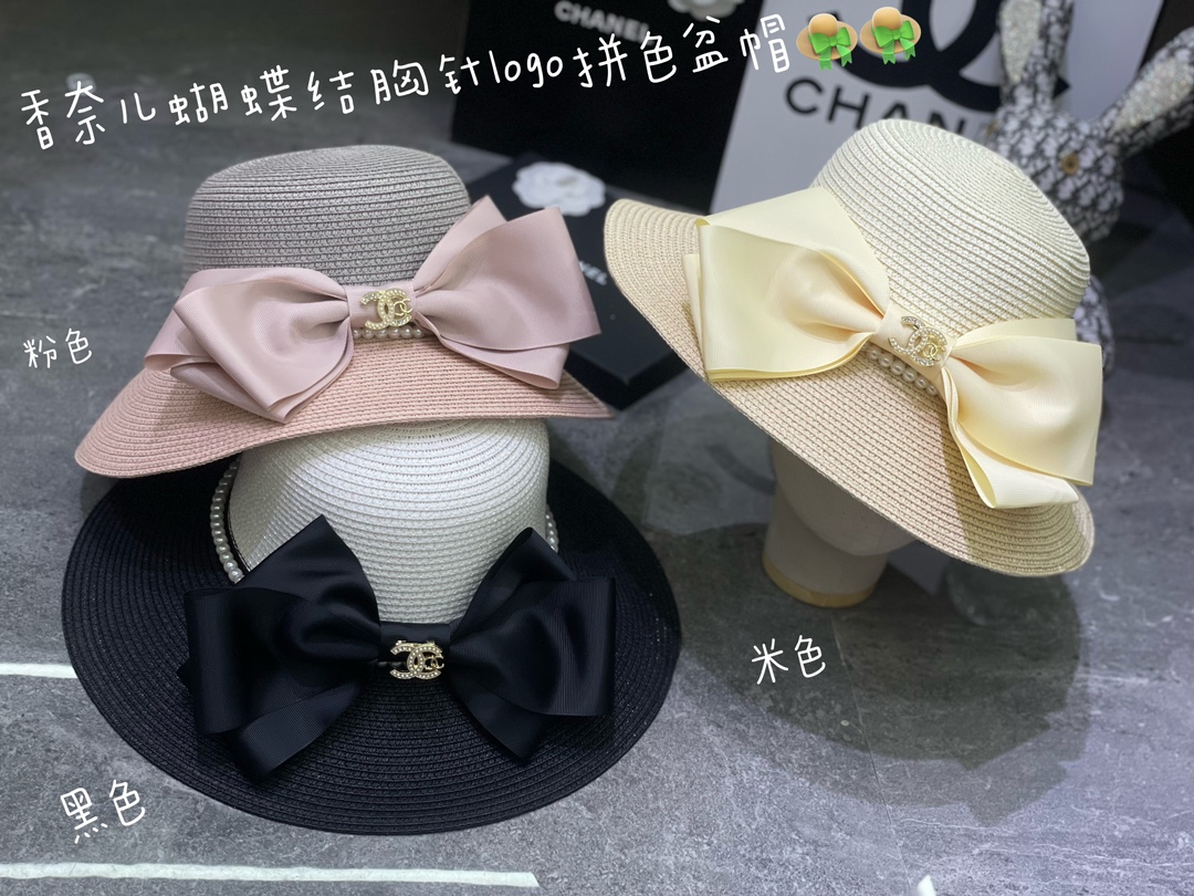 ????????C家新款拼色遮阳帽，珍珠蝴蝶结装饰