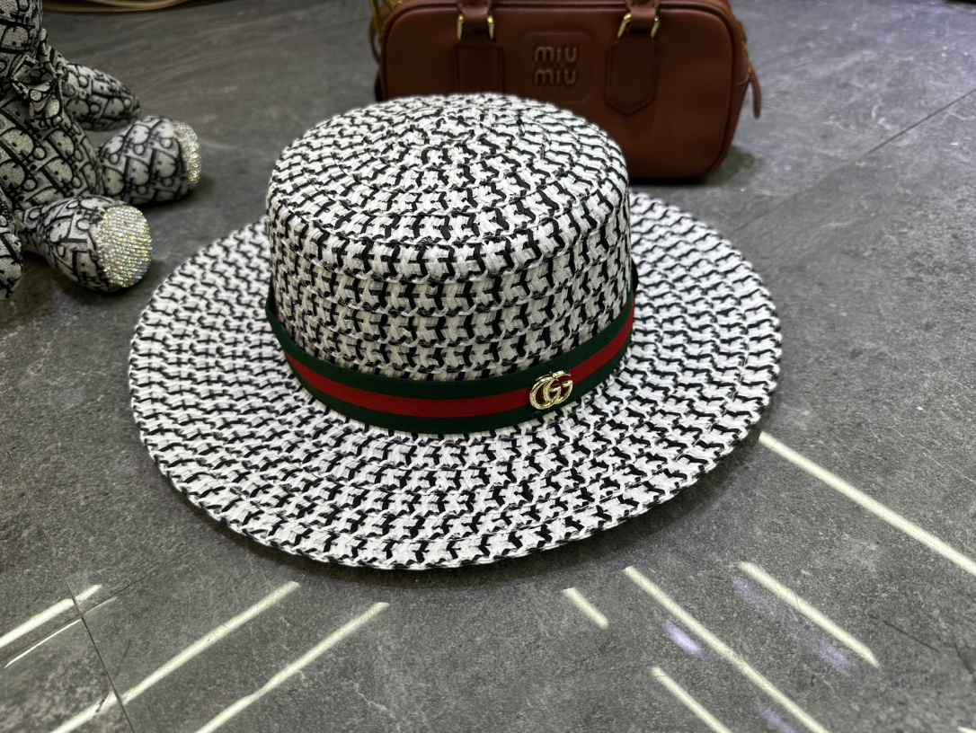 🎀Gucci 草编手工爆款钩针防晒平顶帽👒👒‼️🔥