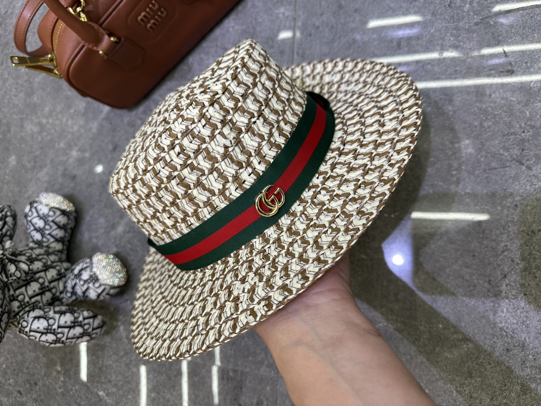 🎀Gucci 草编手工爆款钩针防晒平顶帽👒👒‼️🔥