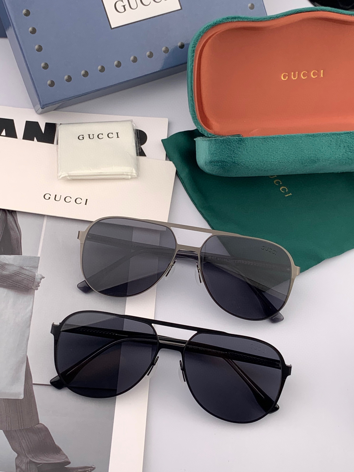        GUCCI 男款炫彩飞行员偏光太阳镜 ❤️材质：高清尼龙加厚卡槽高清偏光镜片 🌹无边框镜架