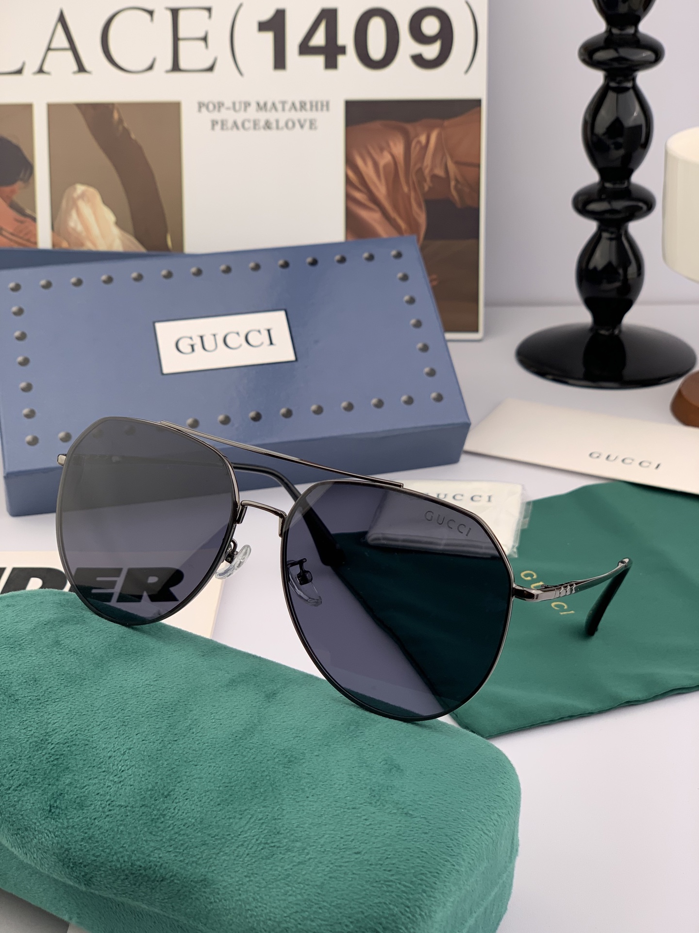         GUCCI 男款炫彩飞行员偏光太阳镜 ❤️材质：高清尼龙加厚卡槽高清偏光镜片 🌹无边框镜