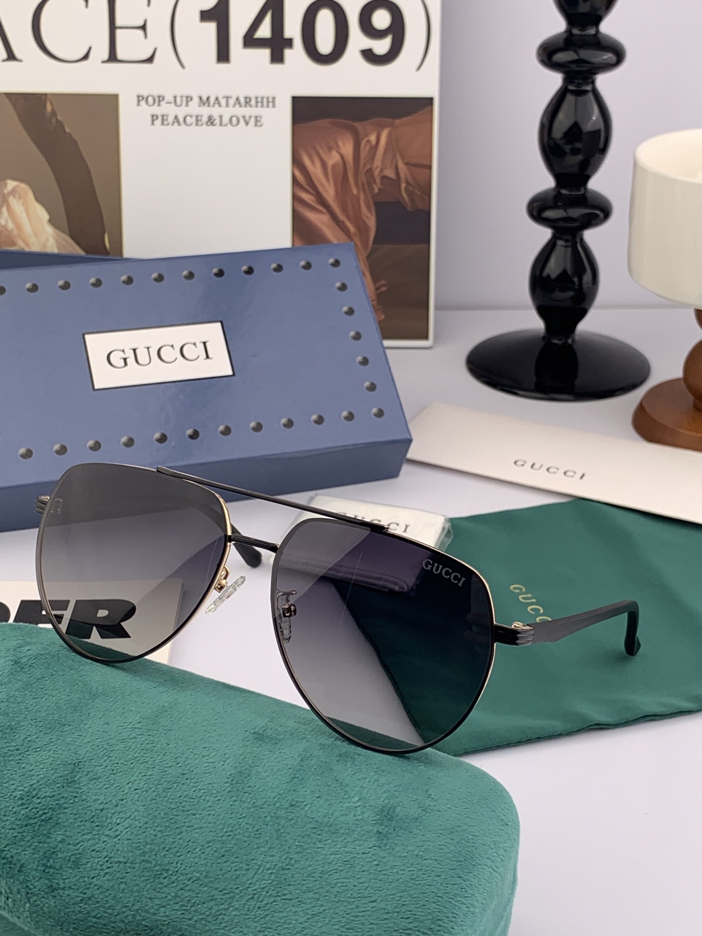        GUCCI 男款炫彩飞行员偏光太阳镜 ❤️材质：高清尼龙加厚卡槽高清偏光镜片 🌹无边框镜架