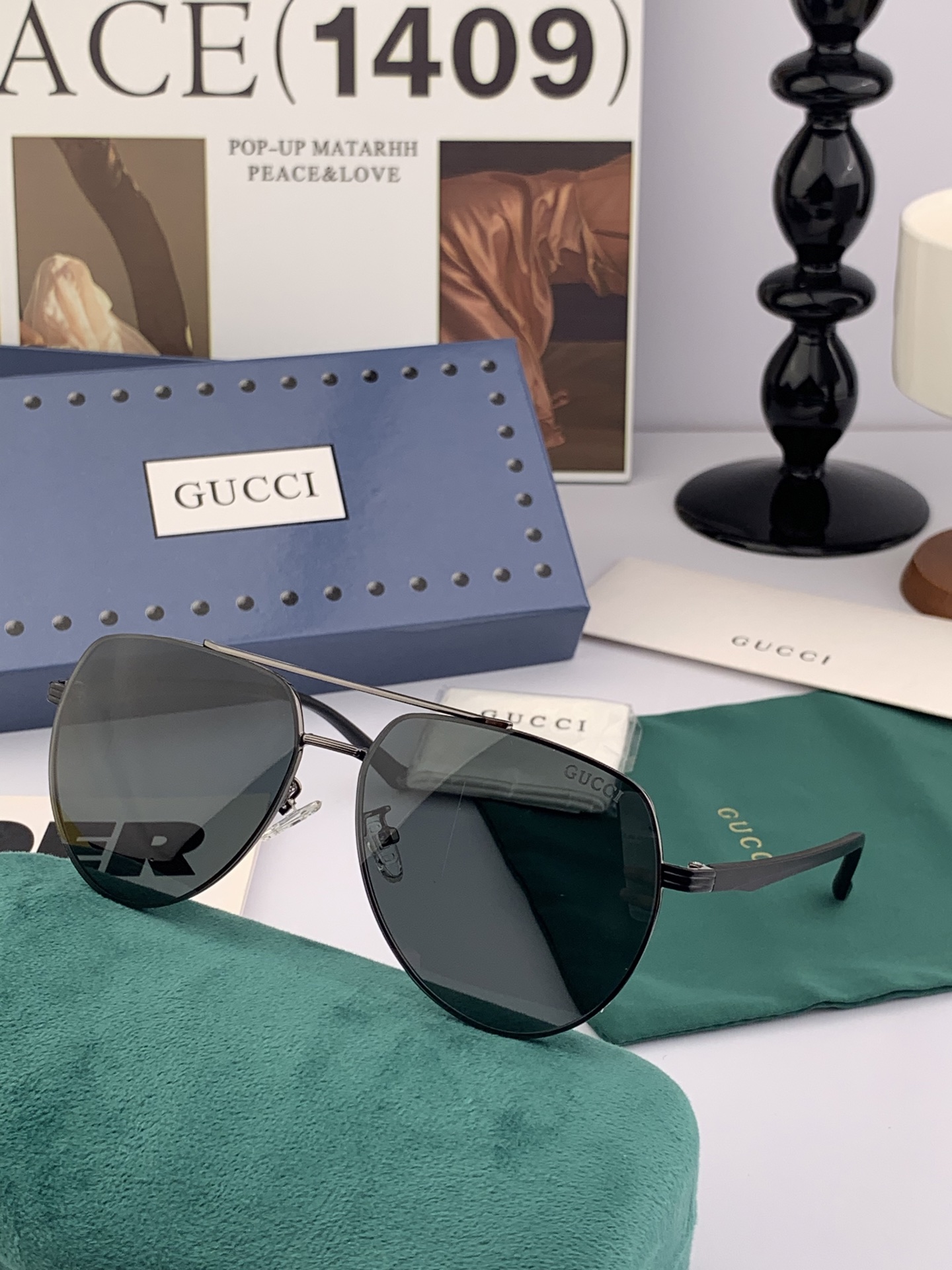        GUCCI 男款炫彩飞行员偏光太阳镜 ❤️材质：高清尼龙加厚卡槽高清偏光镜片 🌹无边框镜架