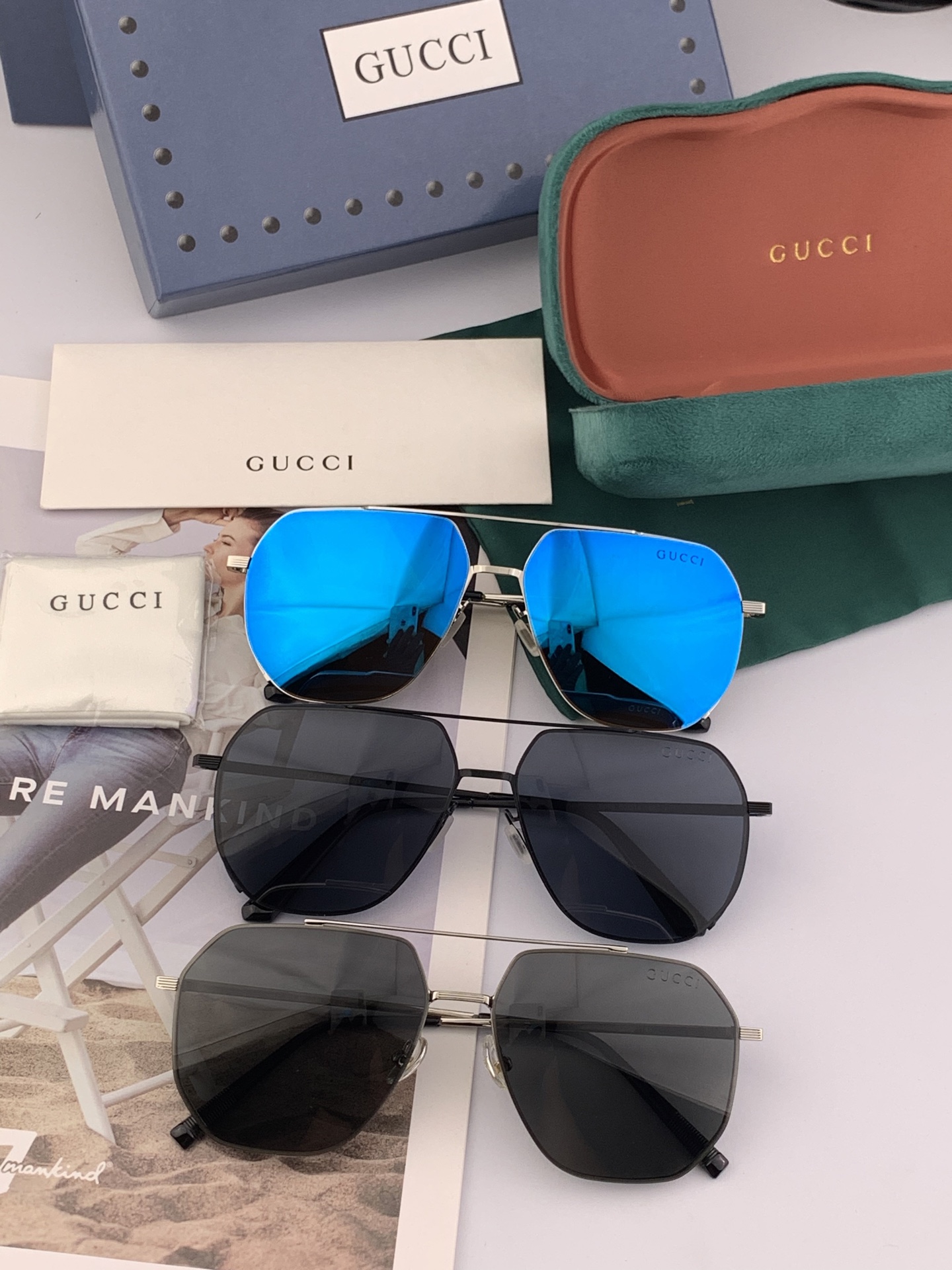         GUCCI 男款炫彩飞行员偏光太阳镜 ❤️材质：高清尼龙加厚卡槽高清偏光镜片 🌹无边框镜