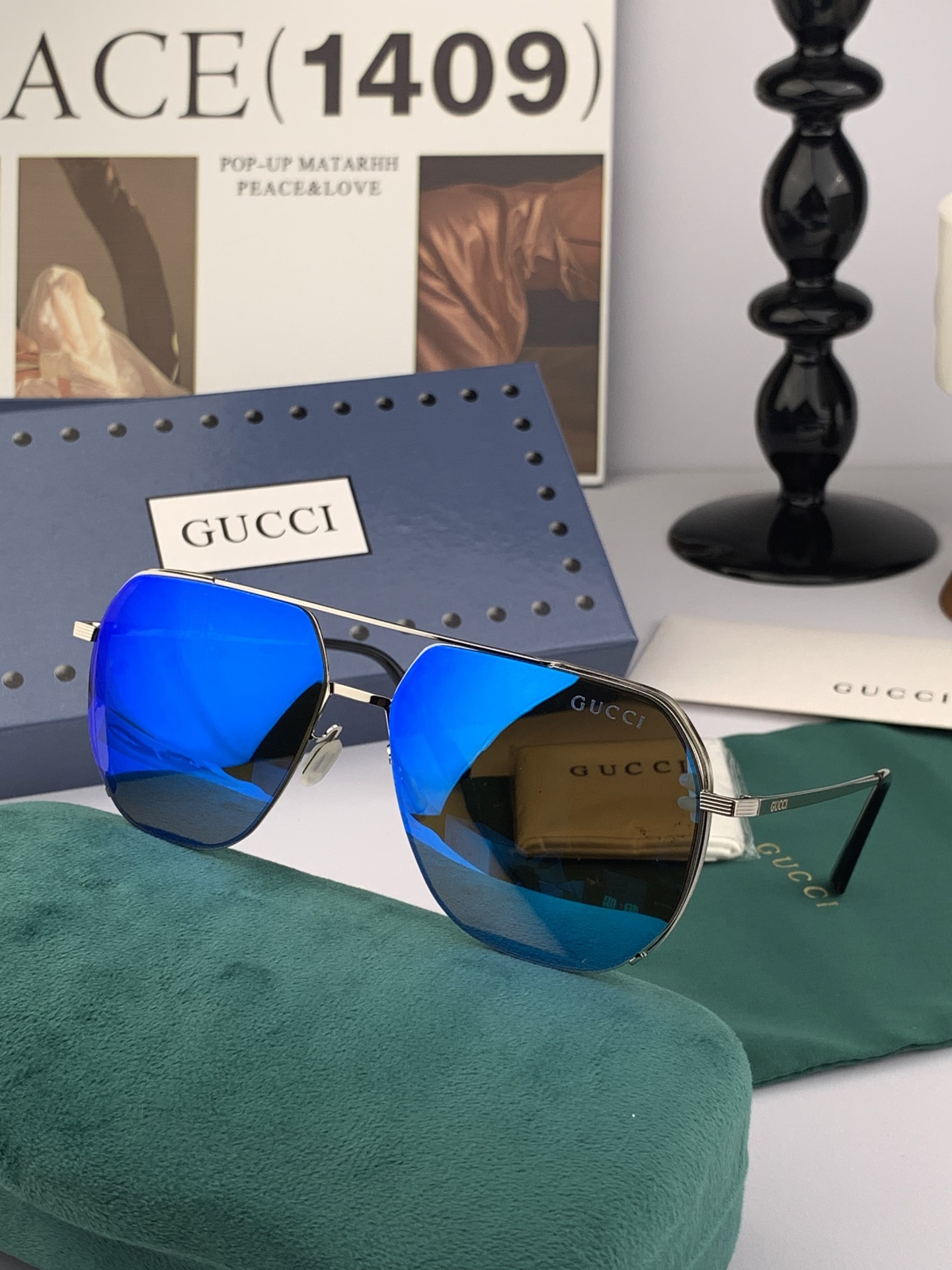         GUCCI 男款炫彩飞行员偏光太阳镜 ❤️材质：高清尼龙加厚卡槽高清偏光镜片 🌹无边框镜