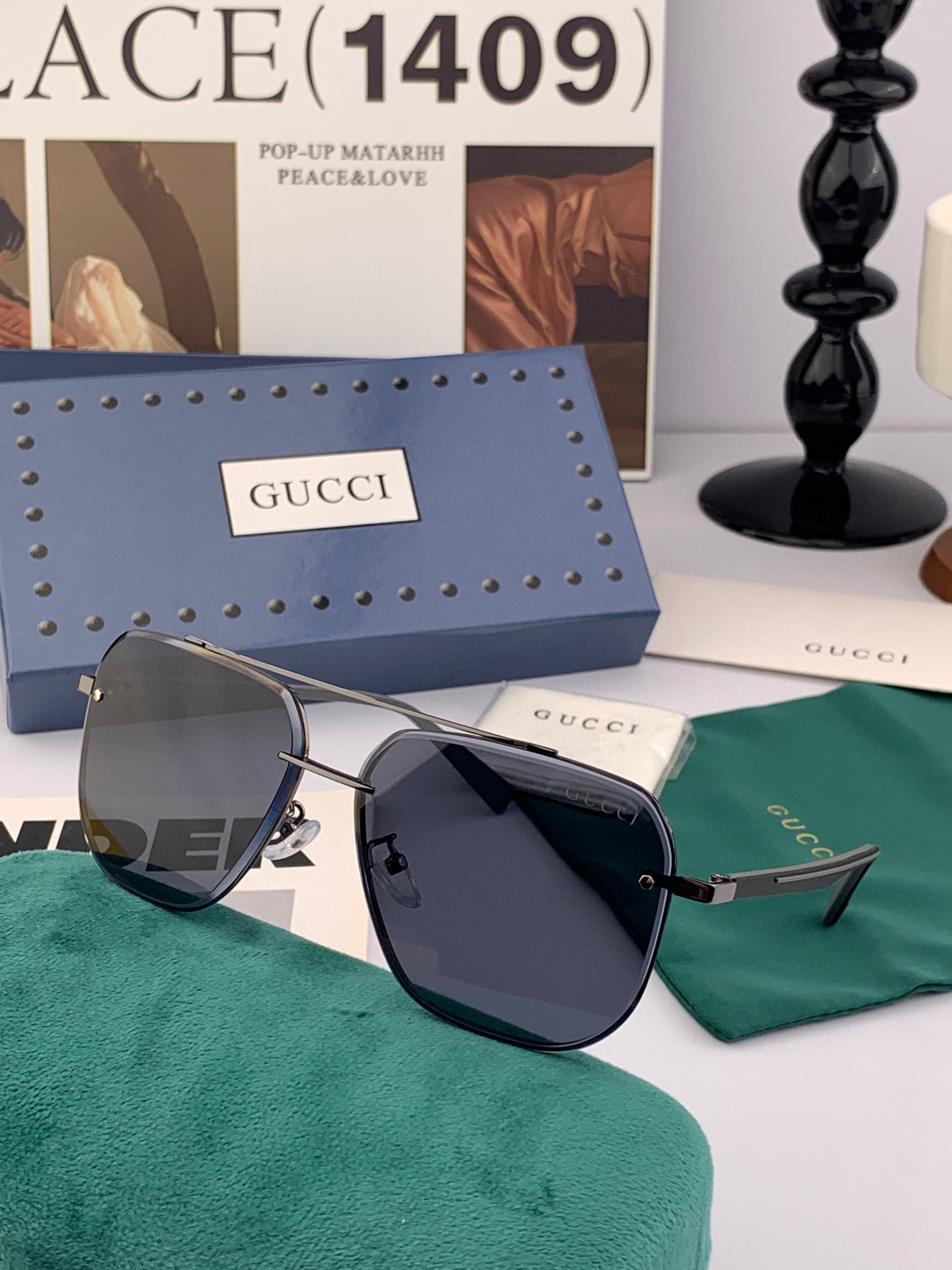         GUCCI 男款炫彩飞行员偏光太阳镜 ❤️材质：高清尼龙加厚卡槽高清偏光镜片 🌹无边框镜