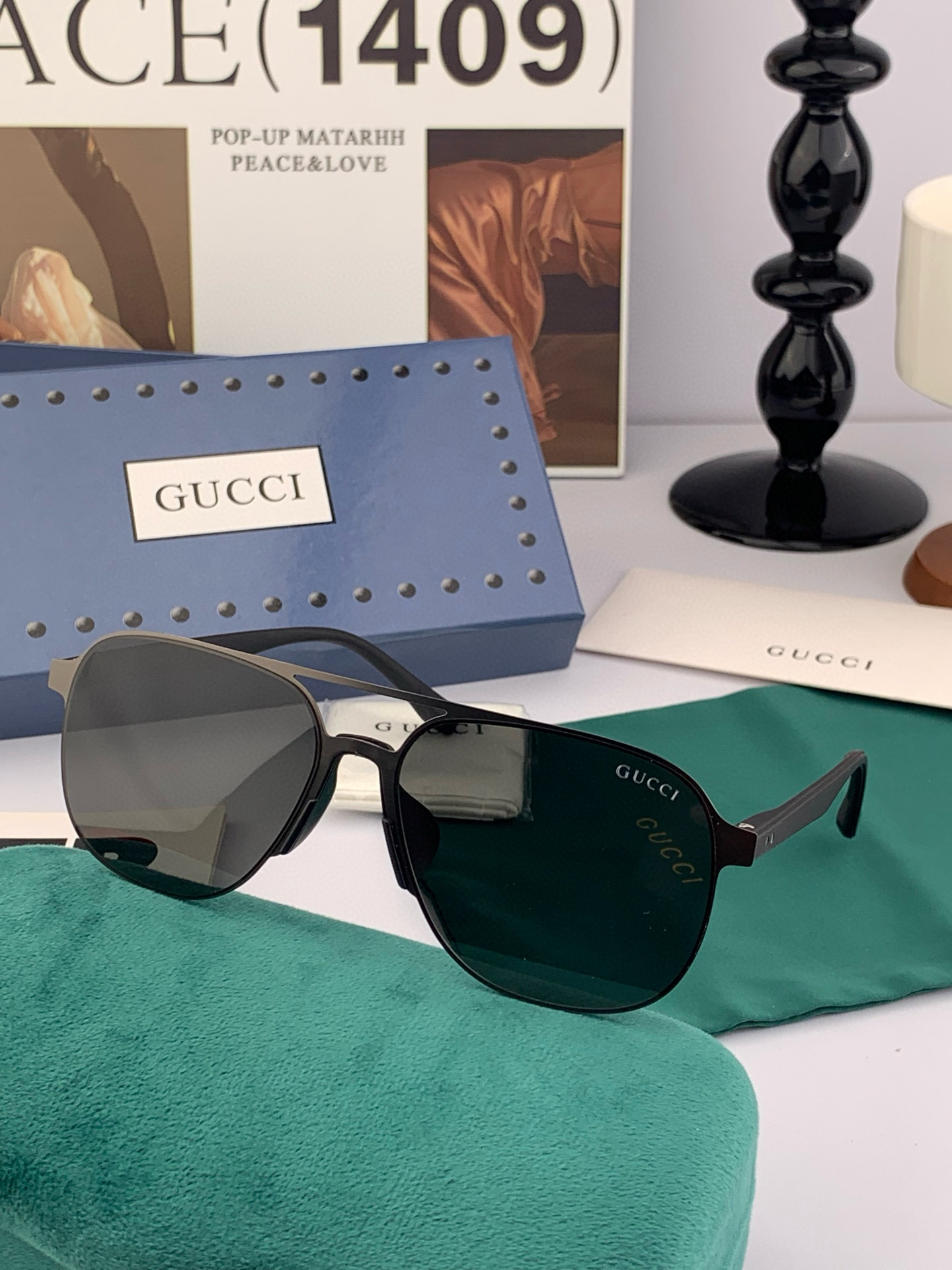         GUCCI 男款炫彩飞行员偏光太阳镜 ❤️材质：高清尼龙加厚卡槽高清偏光镜片 🌹无边框镜