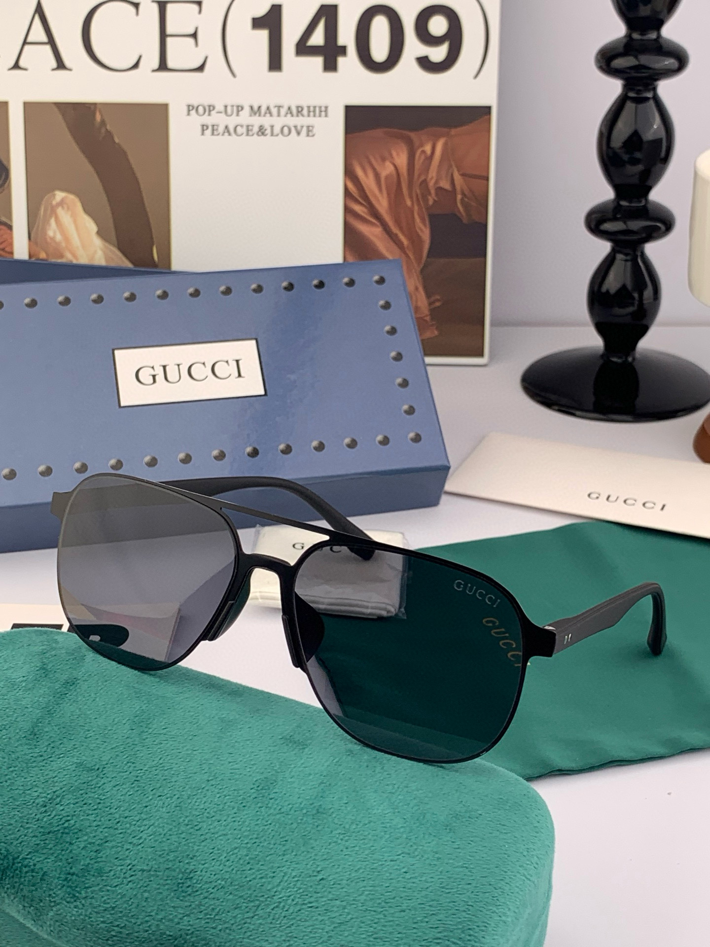         GUCCI 男款炫彩飞行员偏光太阳镜 ❤️材质：高清尼龙加厚卡槽高清偏光镜片 🌹无边框镜