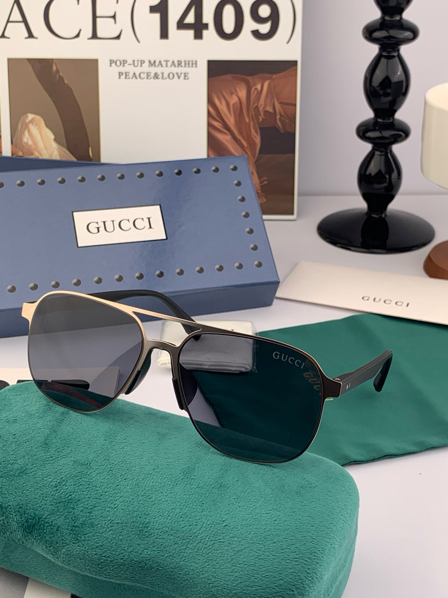         GUCCI 男款炫彩飞行员偏光太阳镜 ❤️材质：高清尼龙加厚卡槽高清偏光镜片 🌹无边框镜