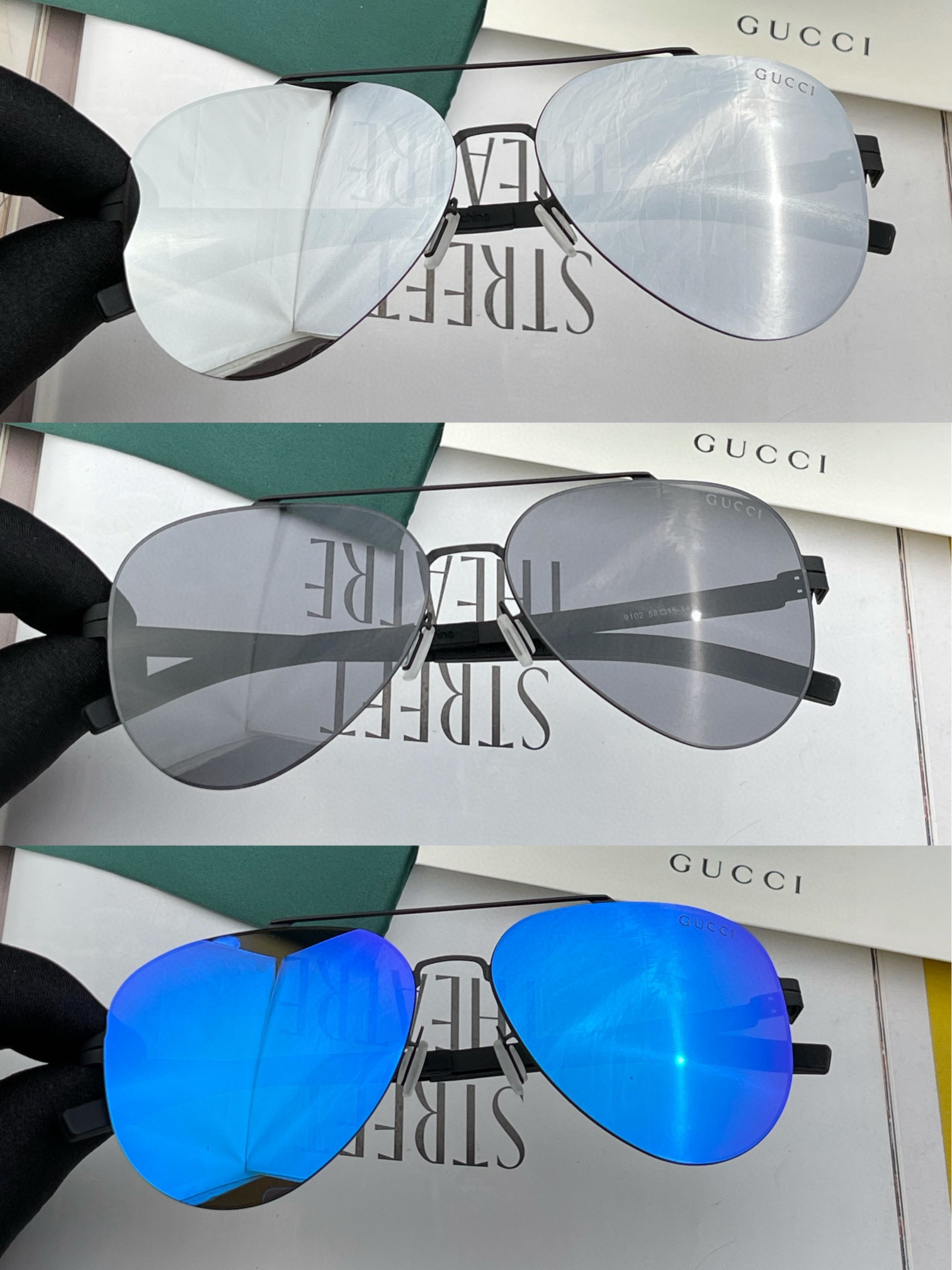         GUCCI 男款炫彩飞行员偏光太阳镜 ❤️材质：高清尼龙加厚卡槽高清偏光镜片 🌹无边框镜