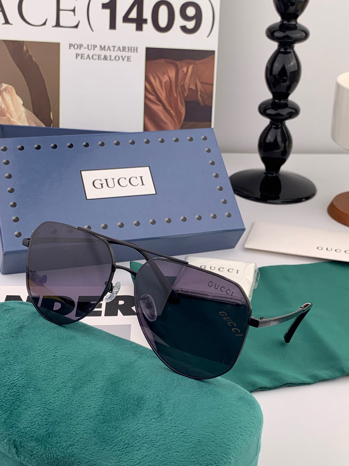         GUCCI 男款炫彩飞行员偏光太阳镜 ❤️材质：高清尼龙加厚卡槽高清偏光镜片 🌹无边框镜