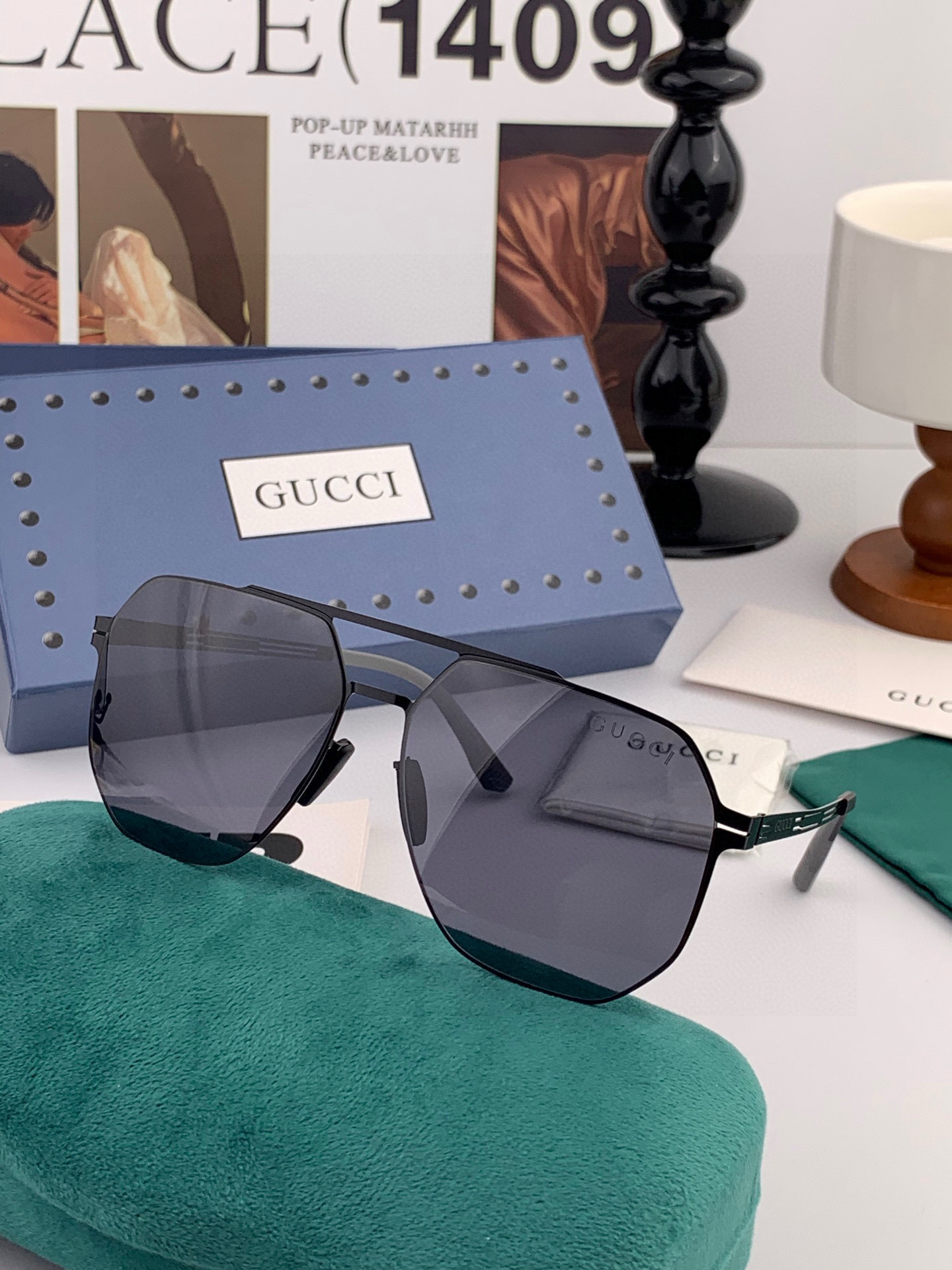         GUCCI 男款炫彩飞行员偏光太阳镜 ❤️材质：高清尼龙加厚卡槽高清偏光镜片 🌹无边框镜