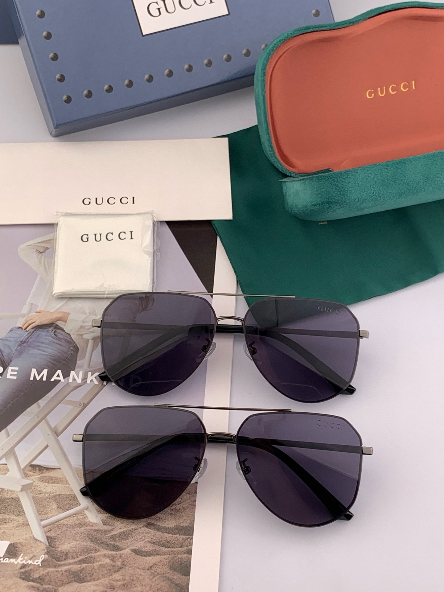         GUCCI 男款炫彩飞行员偏光太阳镜 ❤️材质：高清尼龙加厚卡槽高清偏光镜片 🌹无边框镜