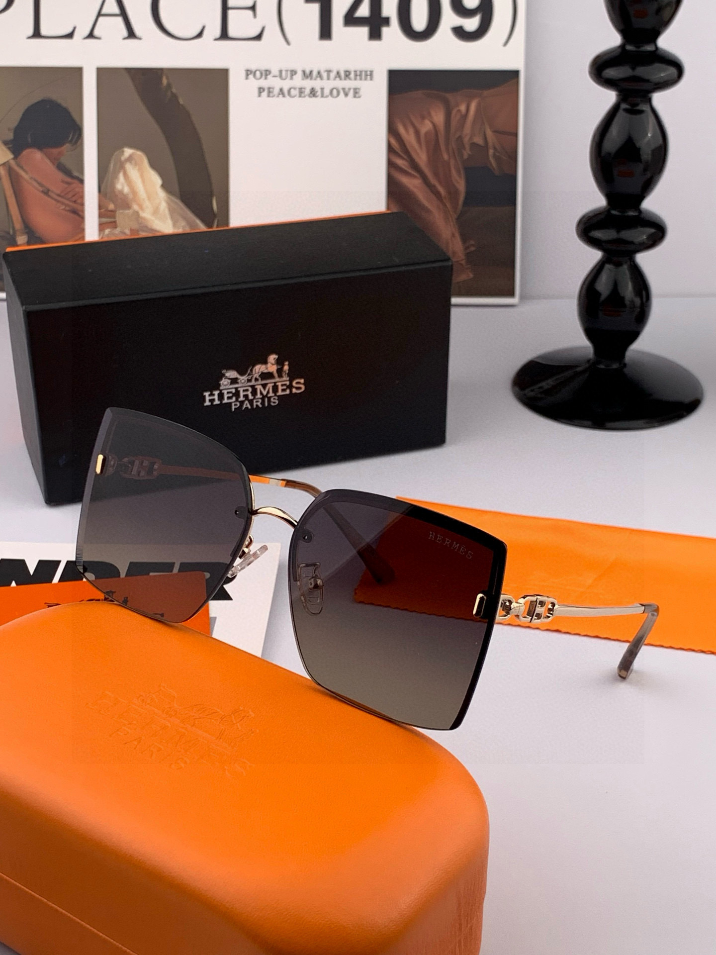 【尼龙偏光系列】爱马仕无框太阳镜墨方框设计，不挑脸型，无论搭配大衣还是连衣裙都非常显气质尼龙偏光镜片预防