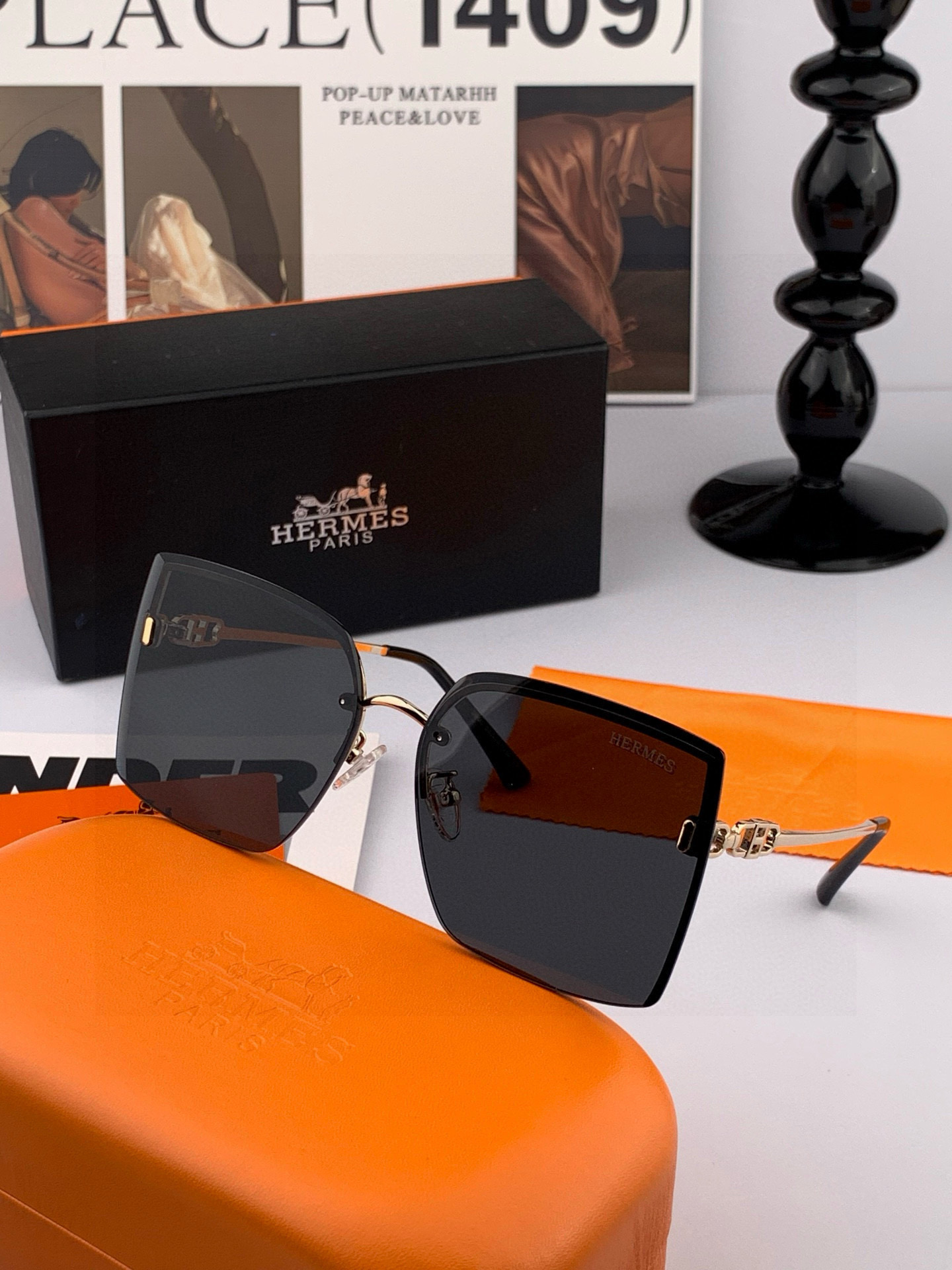 【尼龙偏光系列】爱马仕无框太阳镜墨方框设计，不挑脸型，无论搭配大衣还是连衣裙都非常显气质尼龙偏光镜片预防