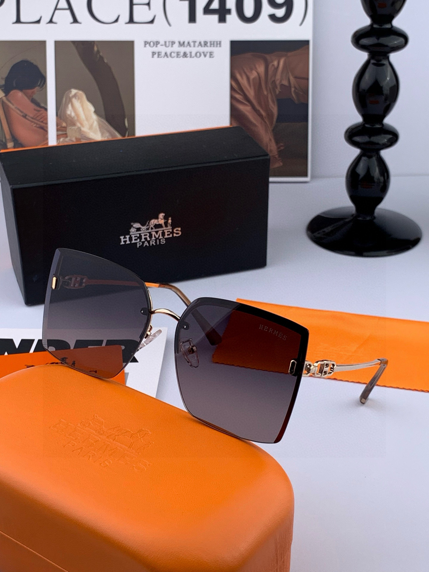 【尼龙偏光系列】爱马仕无框太阳镜墨方框设计，不挑脸型，无论搭配大衣还是连衣裙都非常显气质尼龙偏光镜片预防