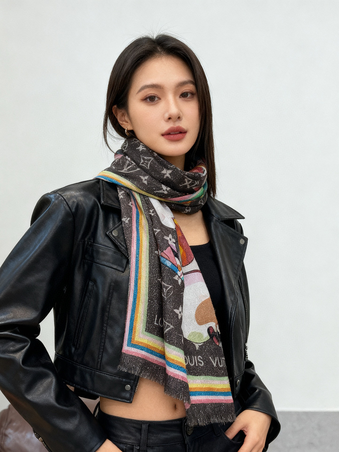 会发光发亮的围巾LV x TM Monogram SuPerflat Characters 丝绒方巾出自