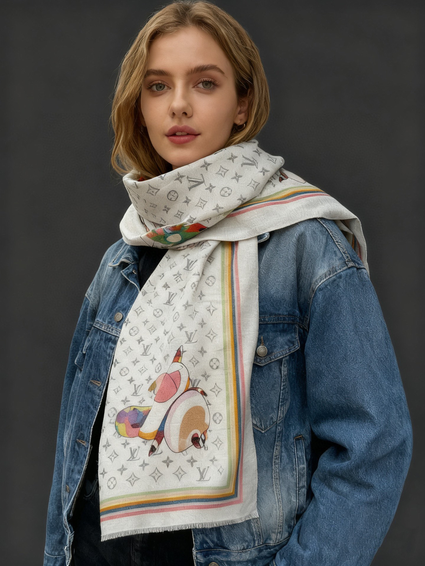 会发光发亮的围巾LV x TM Monogram SuPerflat Characters 丝绒方巾出自