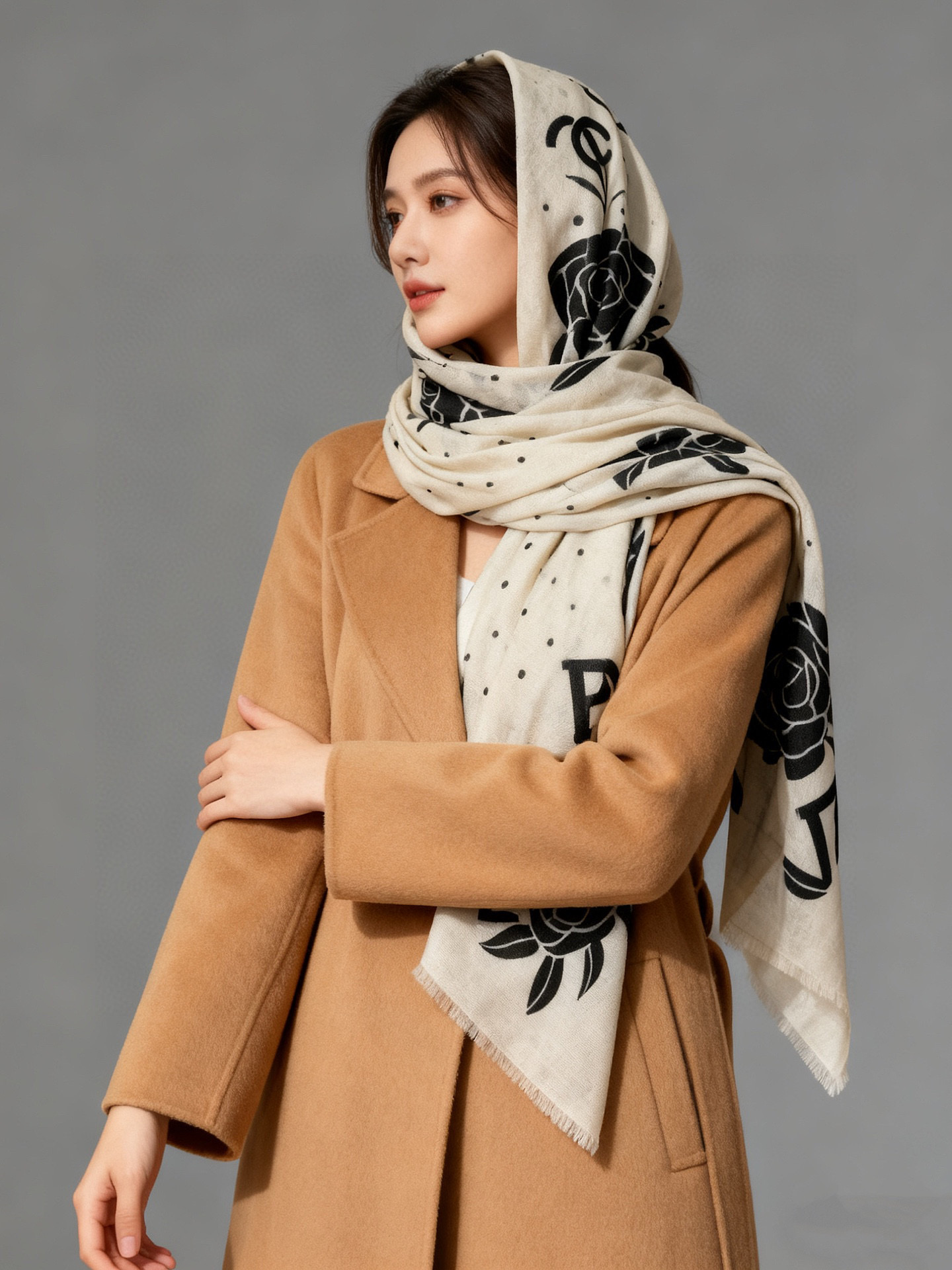 羊绒新款💞 新❤小香【山茶花长围巾】~超级抬气色！高级女人味！羊绒围巾也能这么美！！！这款双面花卉羊绒围