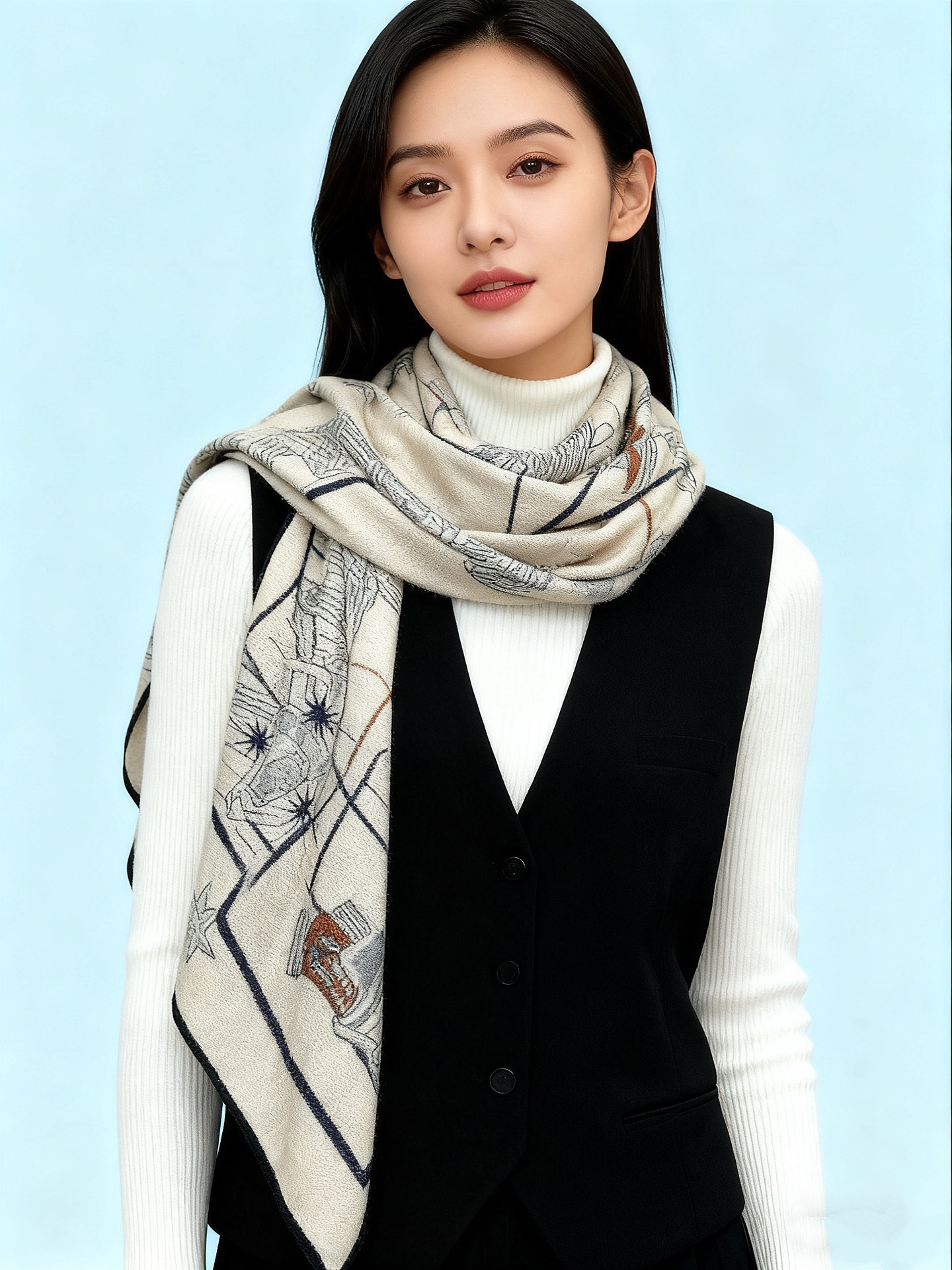 “星辰合唱曲”140丝绒双面同色披肩手工卷边丝绒方巾（30%桑蚕丝70%羊绒）这款经典单品展现强大而迷人