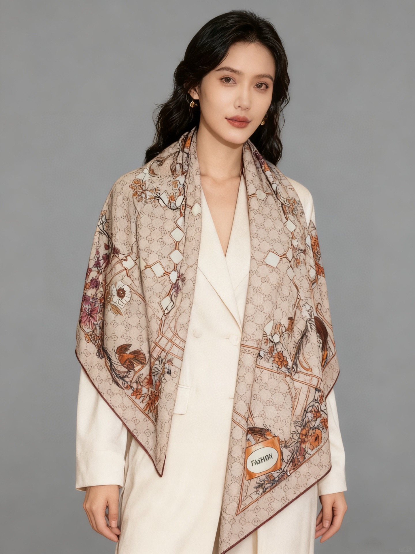 Gucci新款方巾 Gucci动物和花卉印花品牌典藏图案在与全新醒目印花的衬托下熠熠生辉。这款方巾匠心缀