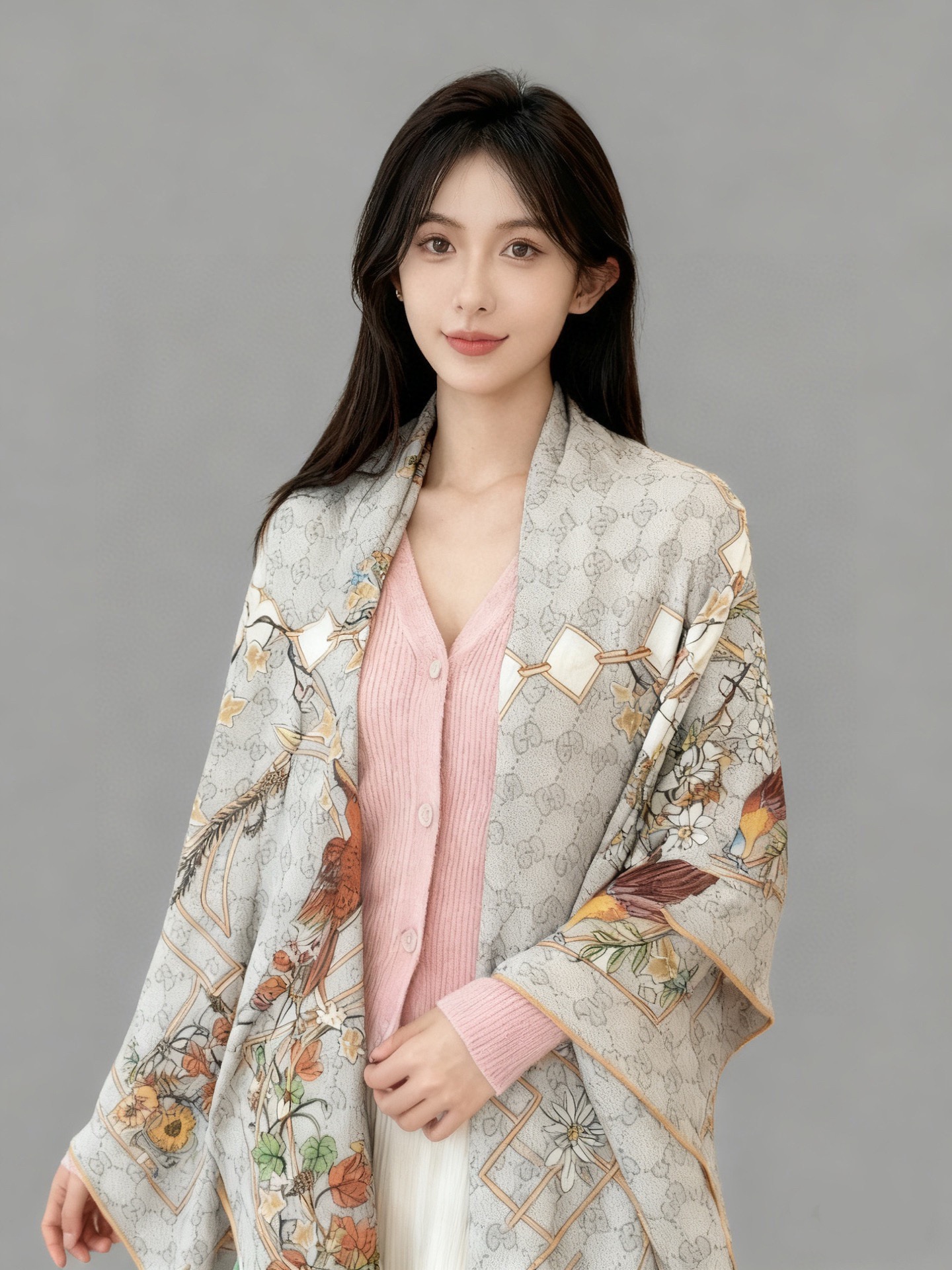 Gucci新款方巾 Gucci动物和花卉印花品牌典藏图案在与全新醒目印花的衬托下熠熠生辉。这款方巾匠心缀