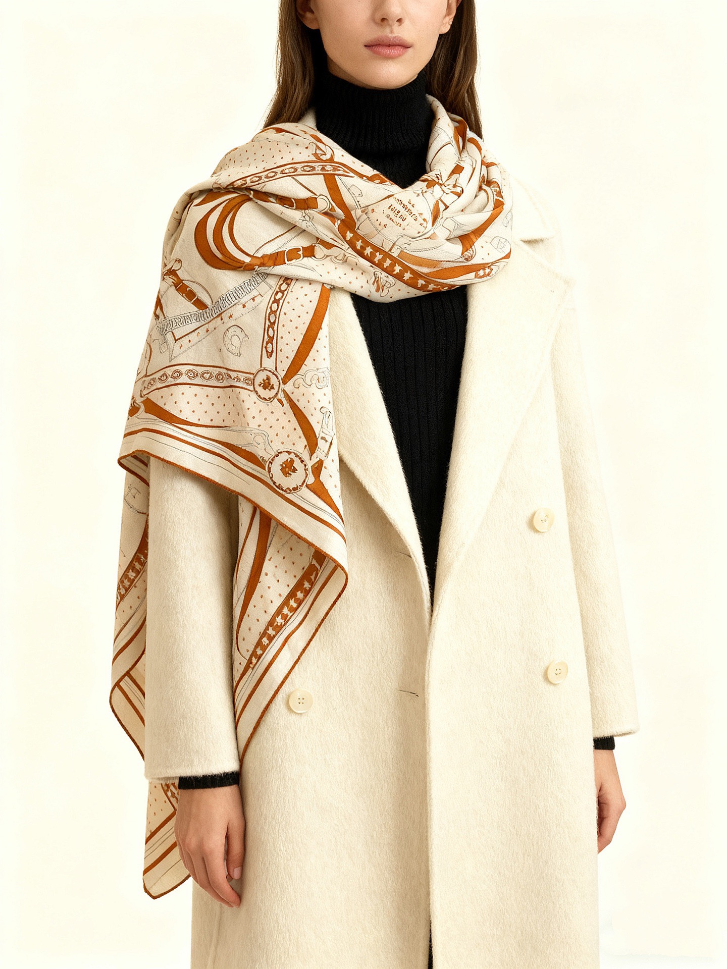 “清晨漫步Bandana”140厘米双面同色丝绒披肩手工卷边山羊绒和真丝混纺披肩（70%山羊绒，30%桑