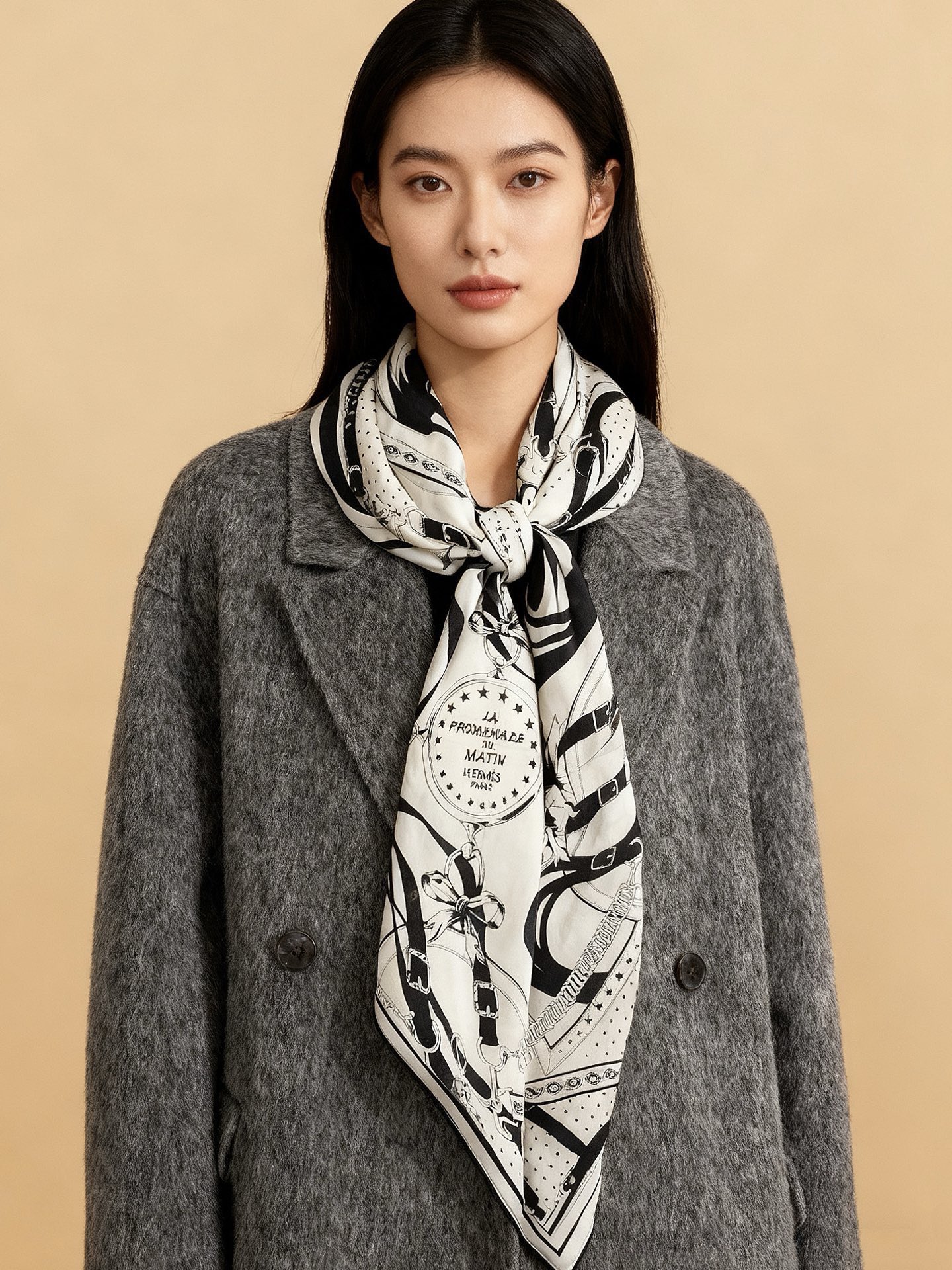 “清晨漫步Bandana”140厘米双面同色丝绒披肩手工卷边山羊绒和真丝混纺披肩（70%山羊绒，30%桑